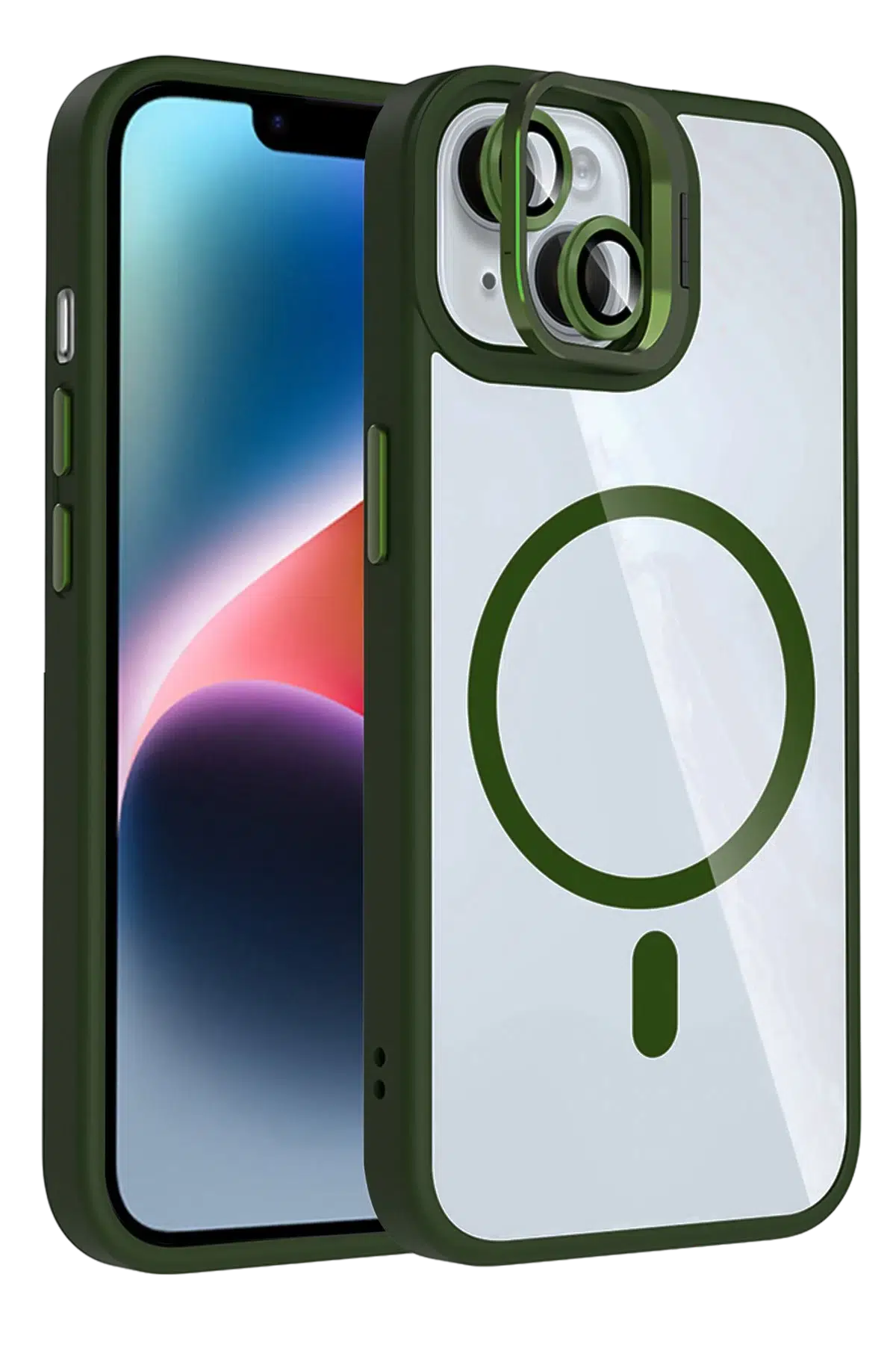 Apple iPhone 13 Remim Lensli Magsafe Standlı Kapak - Koyu Yeşil