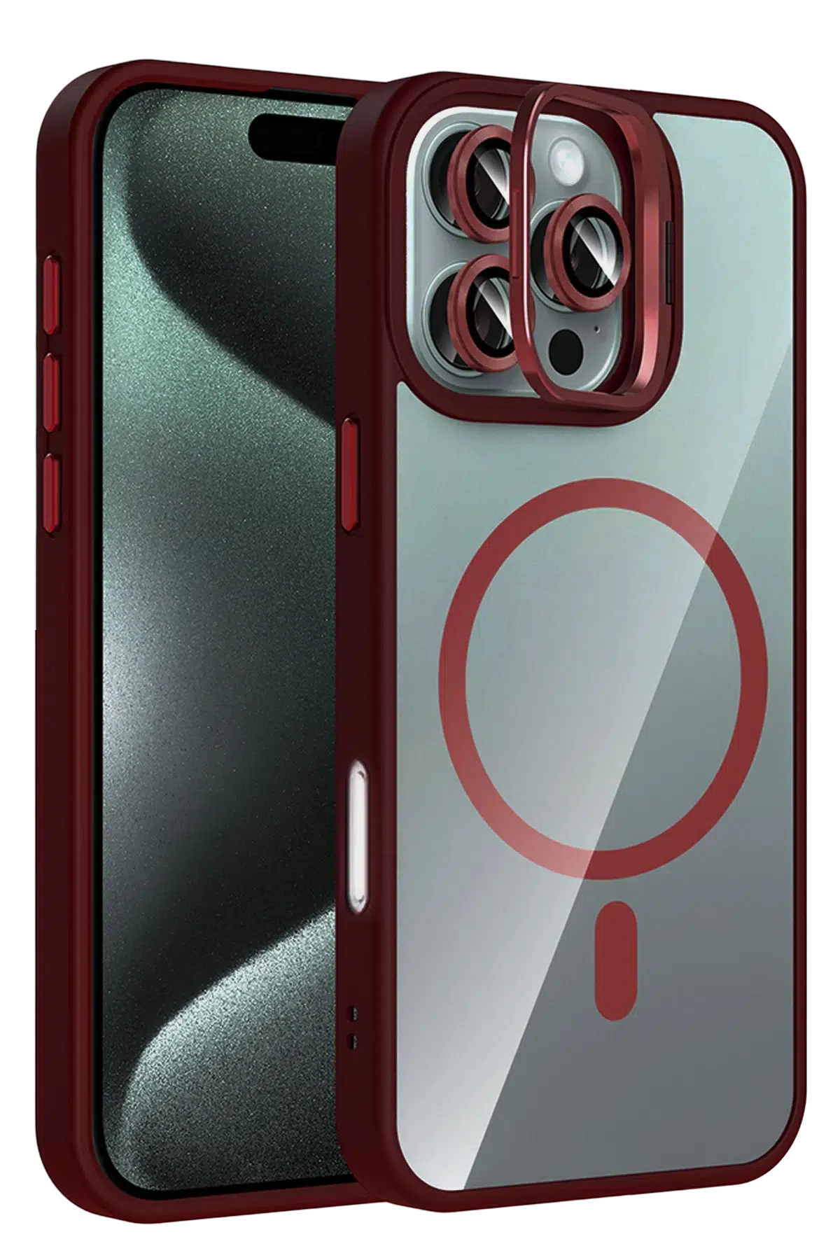 Apple iPhone 16 Pro Max Remim Lensli Magsafe Standlı Kapak - Bordo