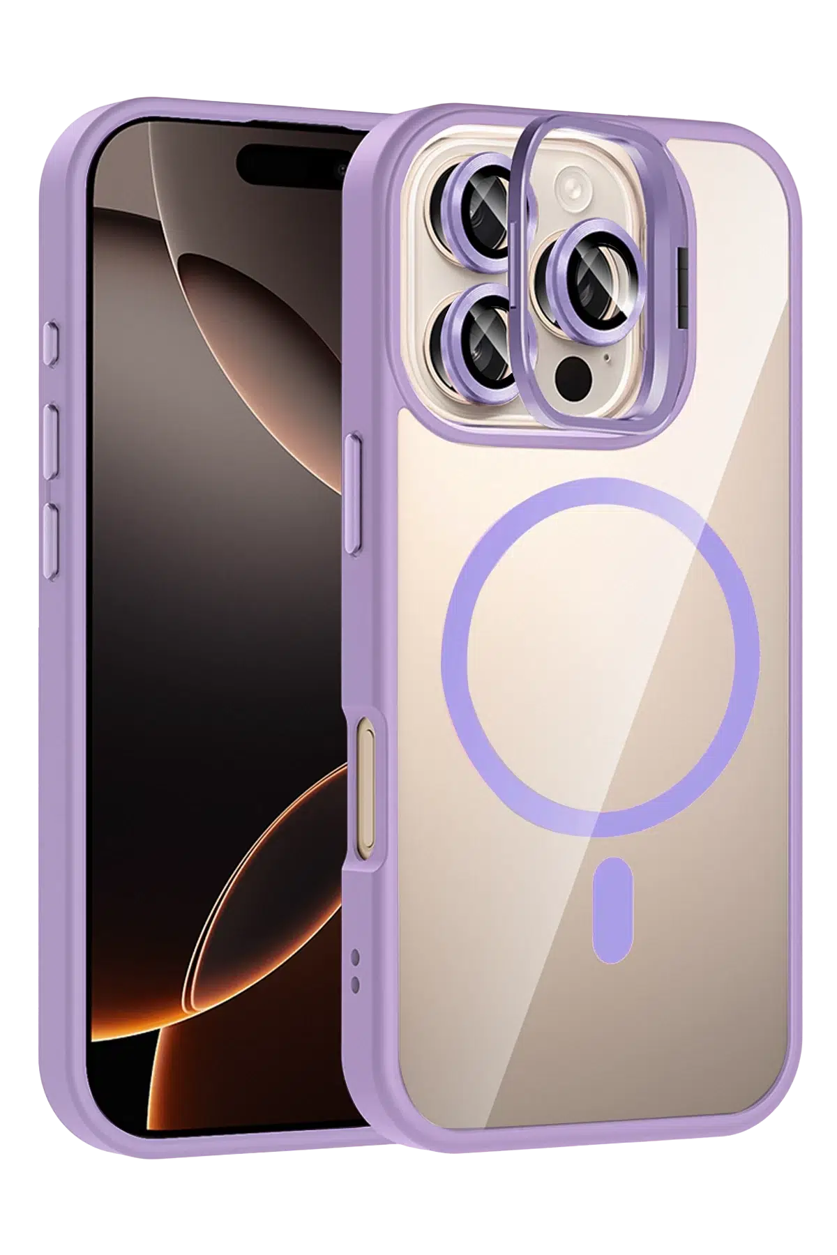 Apple iPhone 16 Pro Max Remim Lensli Magsafe Standlı Kapak - Lila