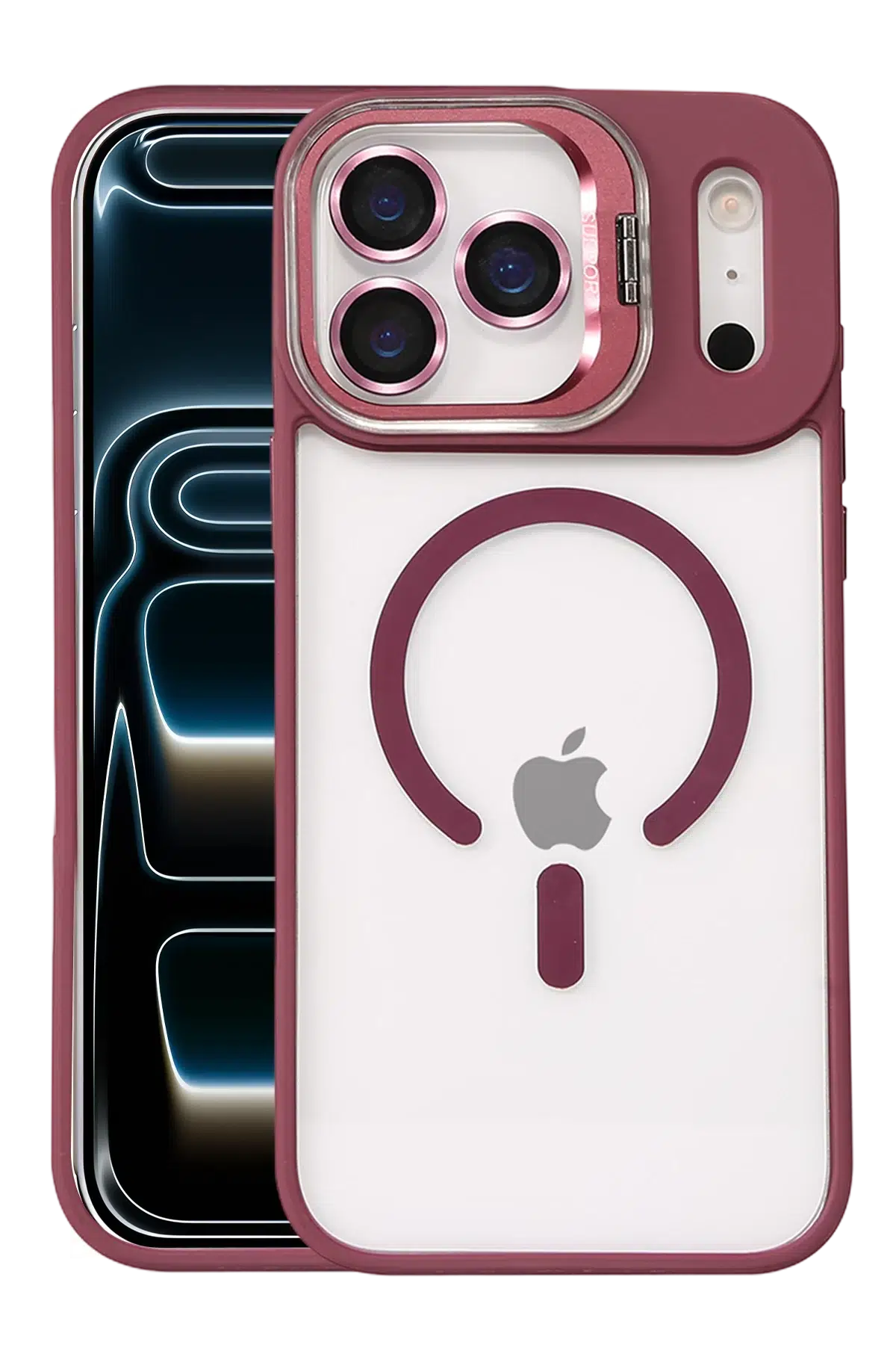 Apple iPhone 17 Pro Max Remim Lensli Magsafe Standlı Kapak - Bordo