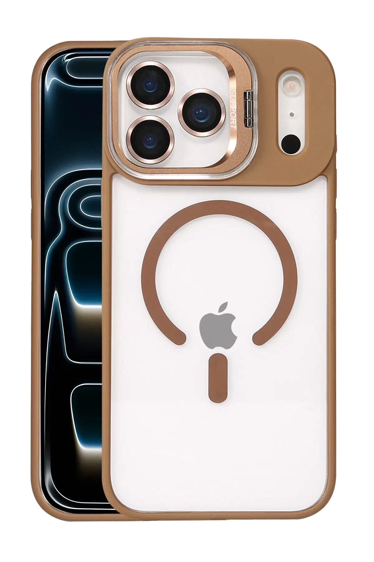 Apple iPhone 17 Pro Max Remim Lensli Magsafe Standlı Kapak - Kahverengi