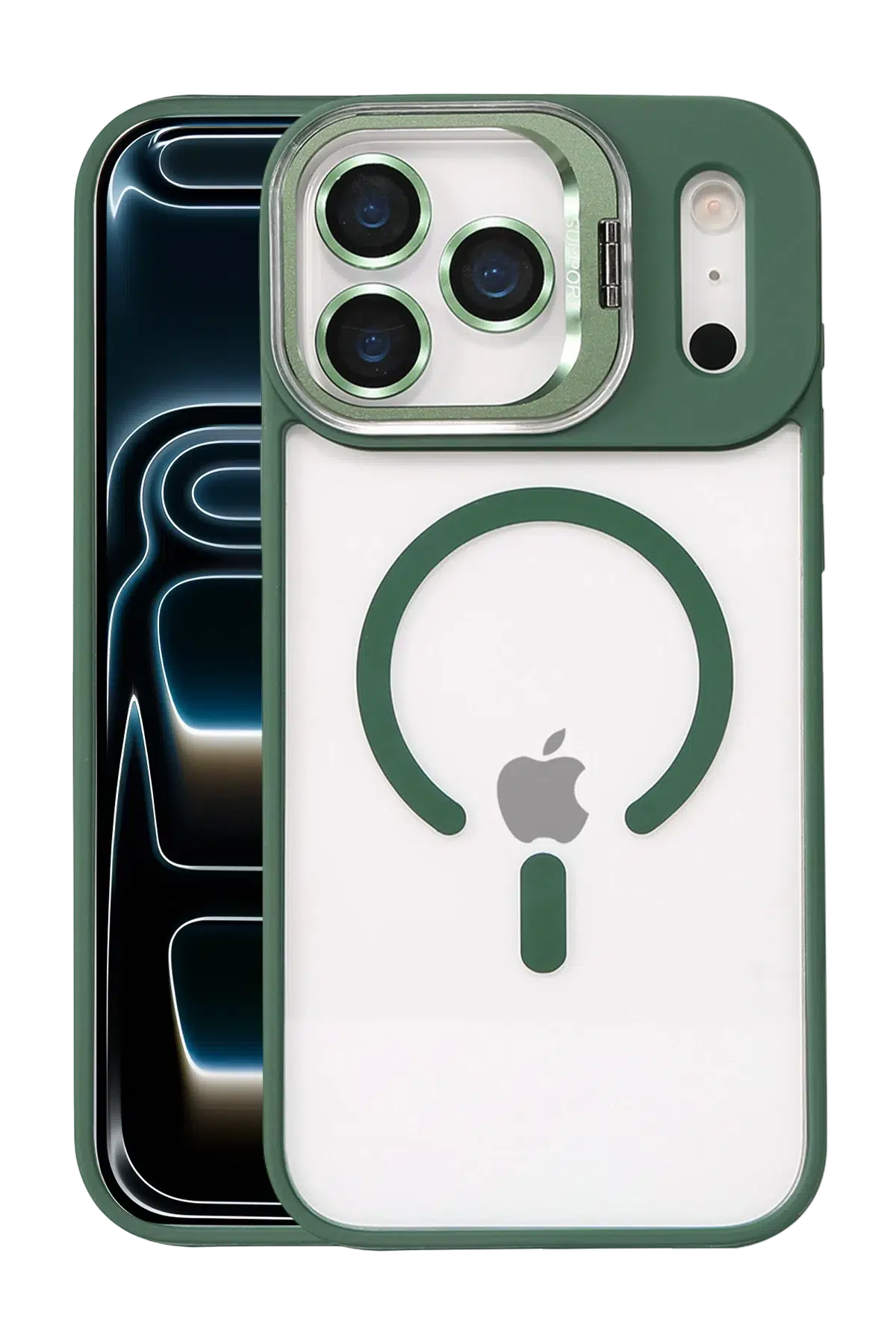 Fuchsia iPhone 17 Pro Max ile Uyumlu Remim Lensli Magsafe Standlı Kapak - Koyu Yeşil
