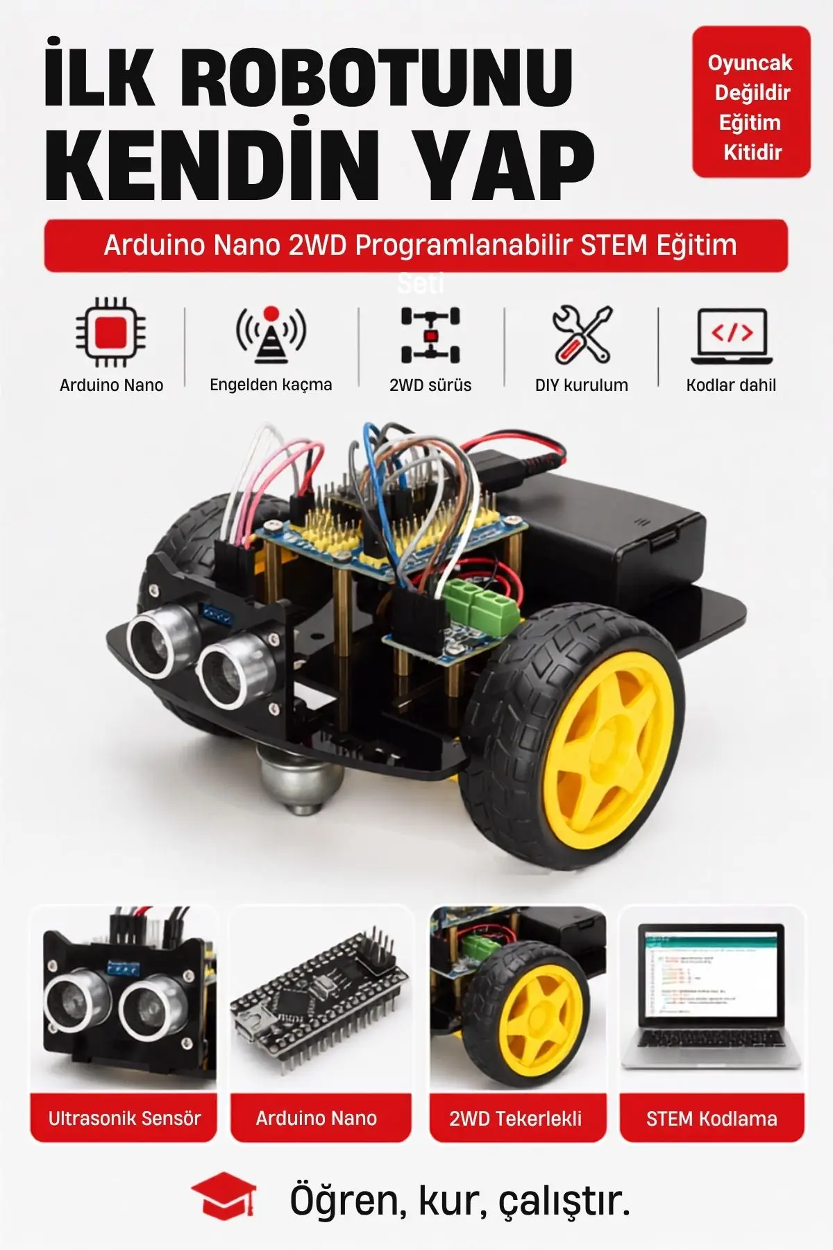 Arduino Nano Akıllı Robot Araba Kiti 2WD Engelden Kaçan Programlanabilir STEM Başlangıç Eğitim Seti