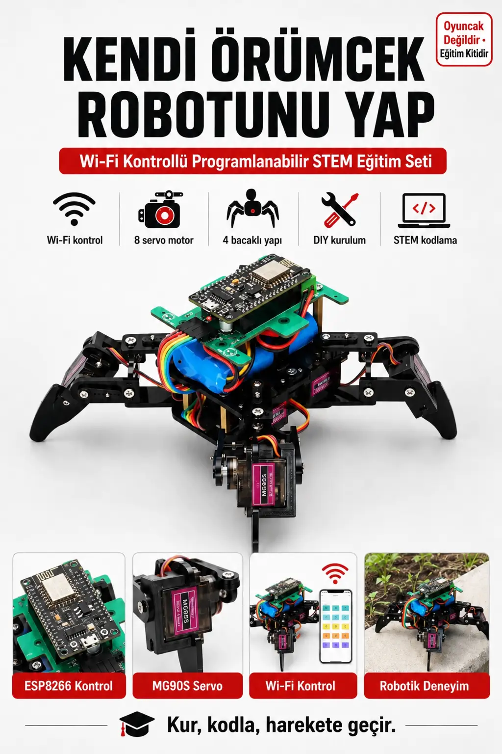 Arduino Örümcek Robot Kiti WiFi Kontrollü 8 Servo Motorlu Programlanabilir STEM Robotik Kodlama Seti