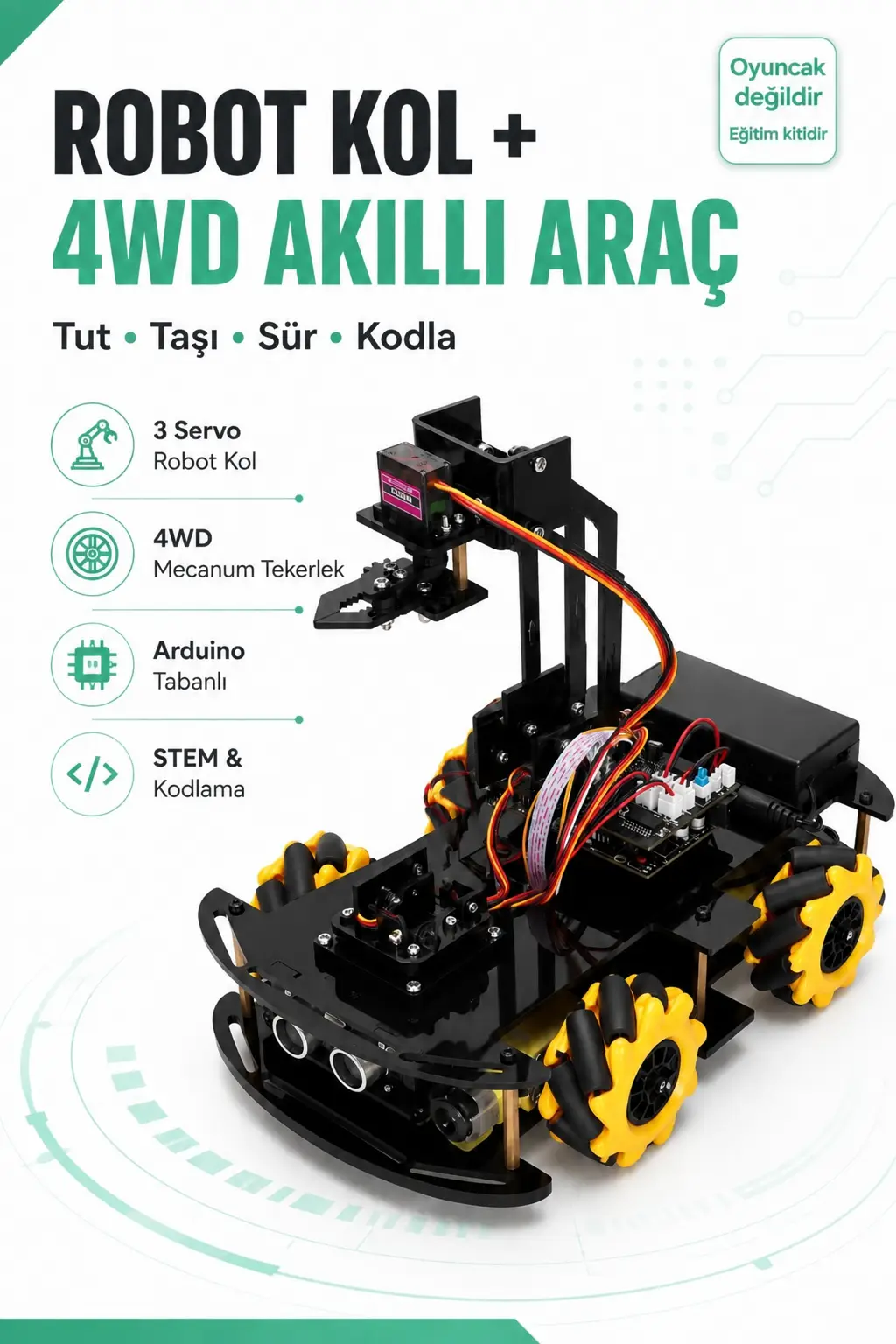Arduino Robot Kol + 4WD Akıllı Robot Araba Kiti – Mecanum Tekerlekli Programlanabilir STEM Eğitim Seti (Bluetooth + Uygulama Kontrollü)