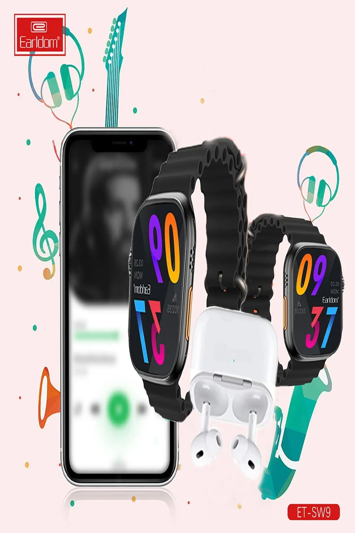 Earldom SW9 Akıllı Saat ve Airpods Kulaklık Set - Siyah