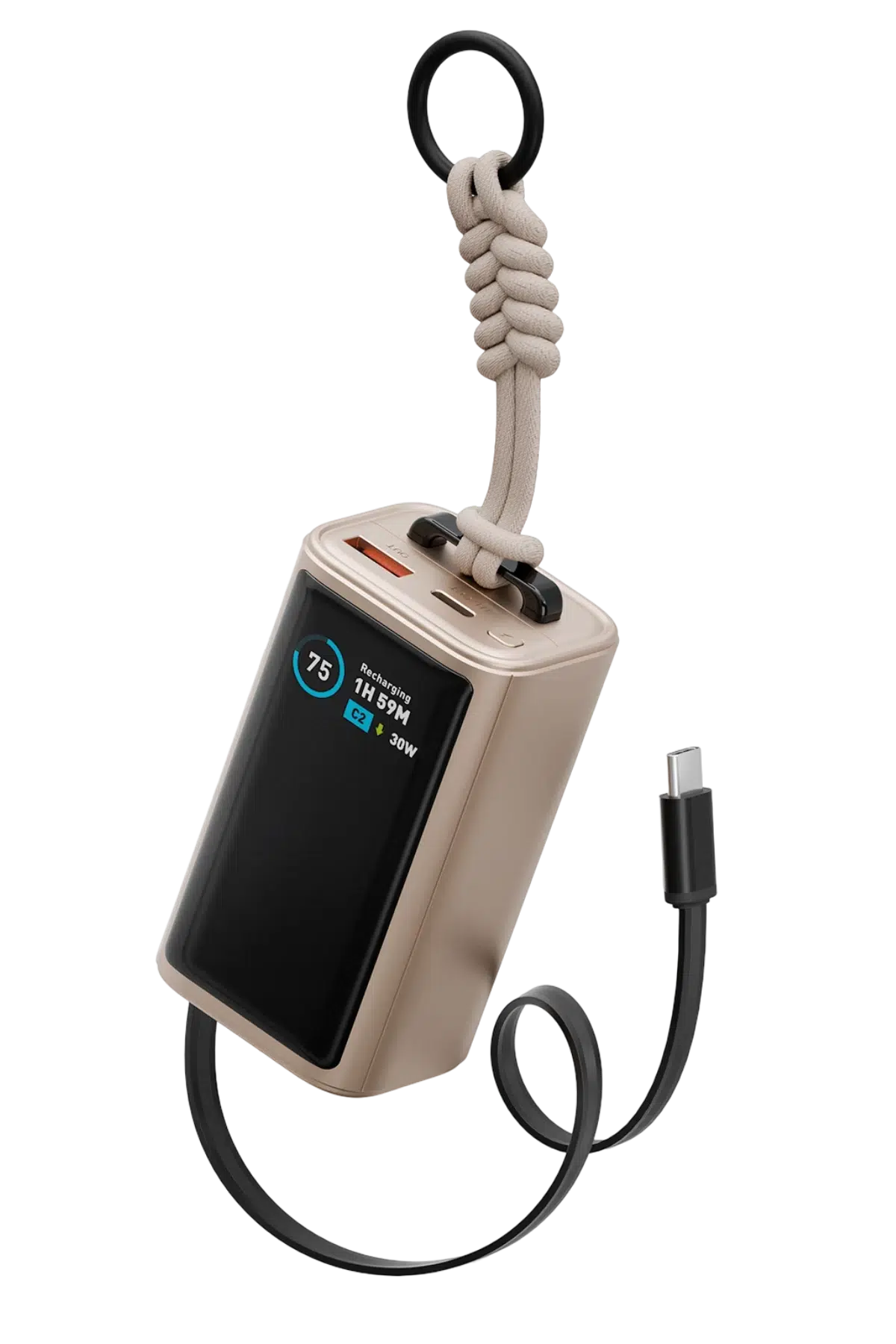 Energea ComPac Arc 45 Dijital Göstergeli 10.000 mAh Dahili Type-C Kablolu 45W Şarj Çıkışlı PD Hızlı Şarj Powerbank - Gold