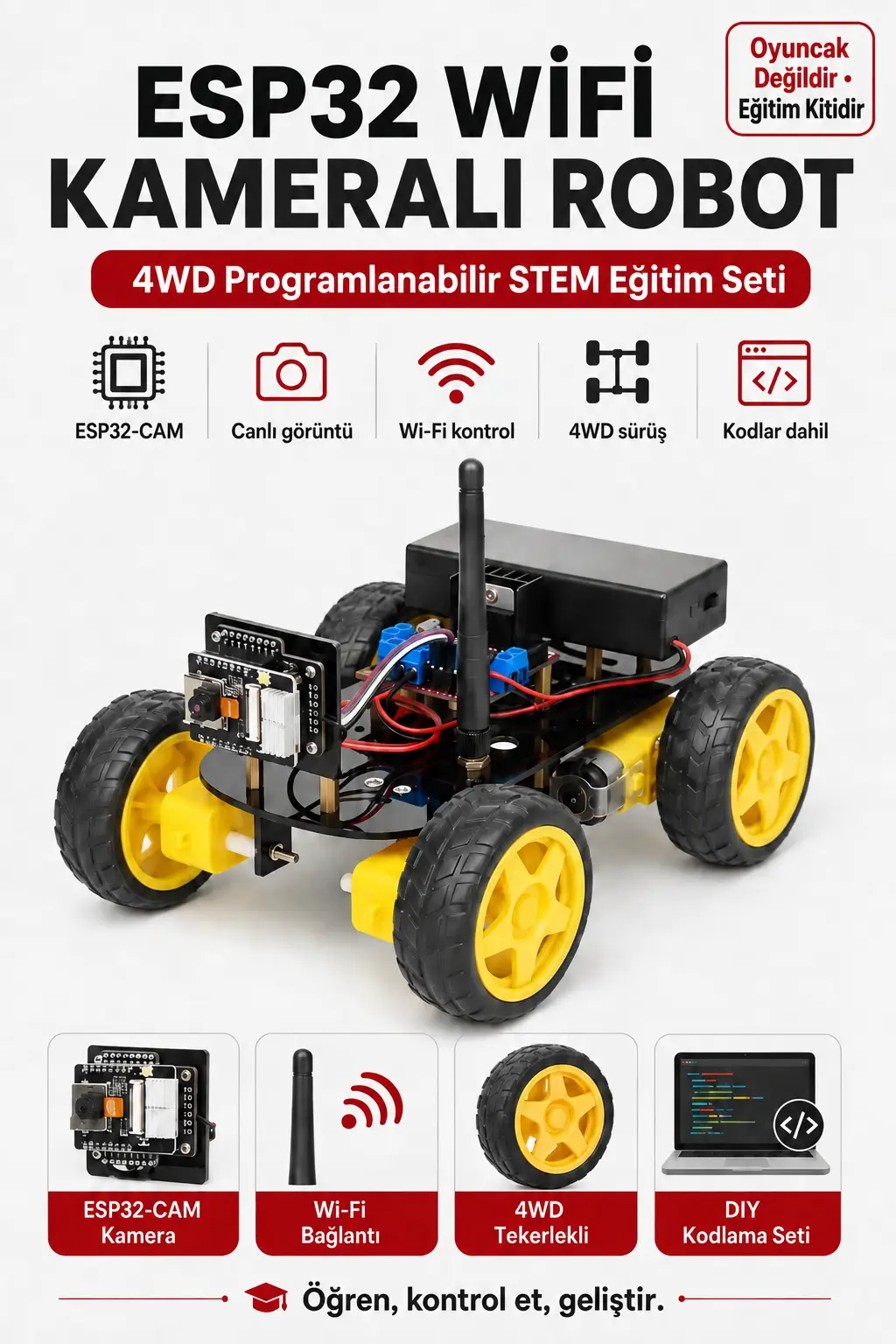 ESP32 WiFi Kamera Robot Araba Kiti 4WD Arduino Uyumlu Programlanabilir STEM Eğitim Seti Kodlar Dahil