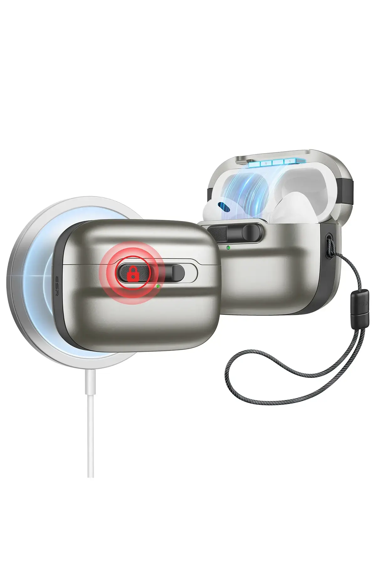 ESR Apple Airpods Pro 2 (2.Nesil) Pulse Magsafe Şarj Destekli Kilitli Kılıf - Titan Gri