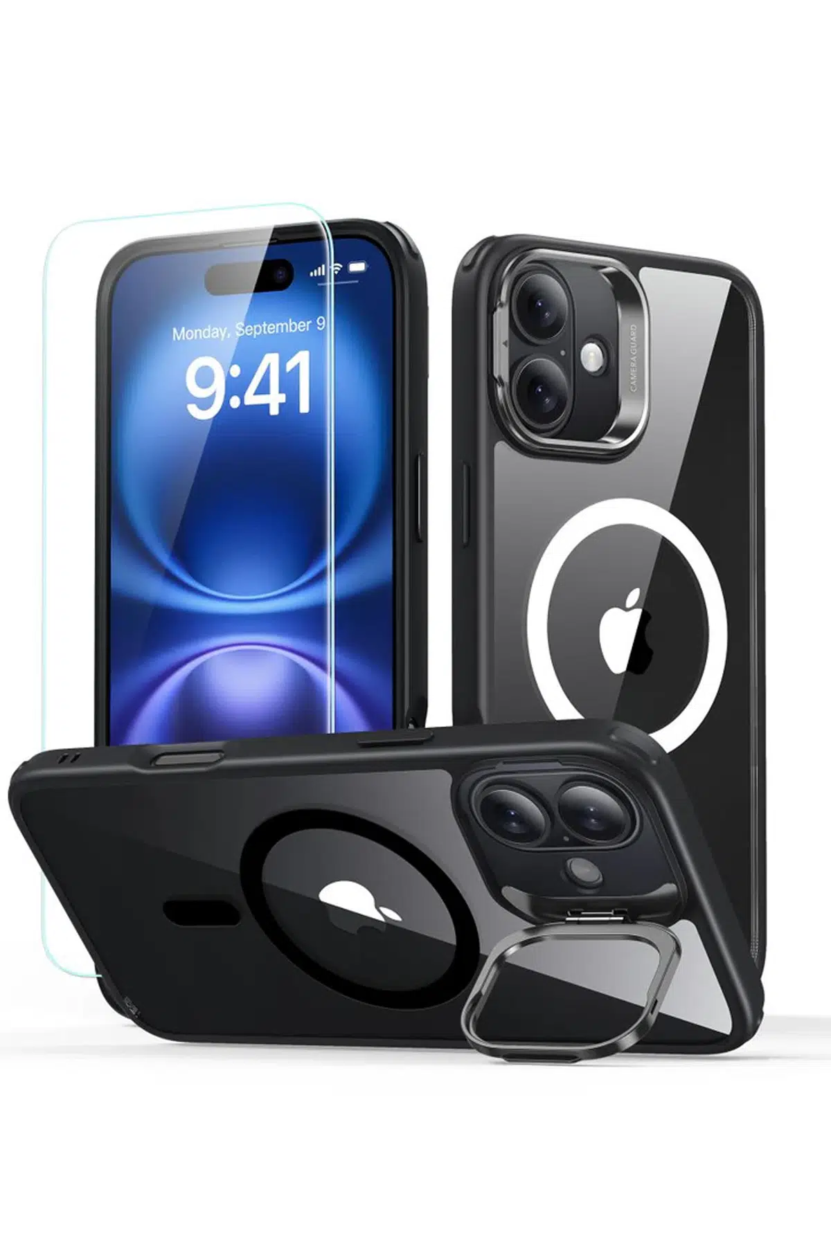 ESR Apple iPhone 16 Classic Hybrid Magsafe Standlı Kapak + Cam Hediyeli Set - Şeffaf Siyah