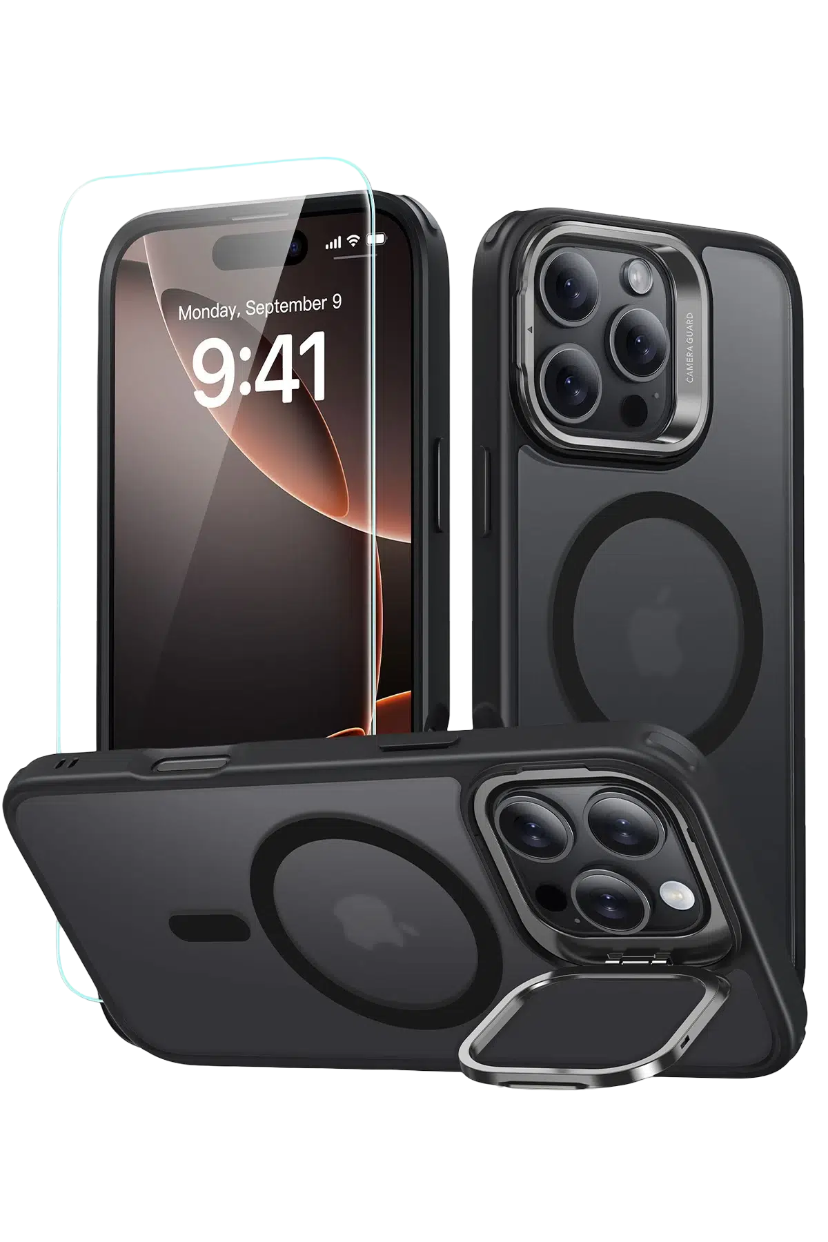ESR Apple iPhone 16 Pro Classic Hybrid Magsafe Standlı Kapak + Cam Hediyeli Set - Buzlu Siyah
