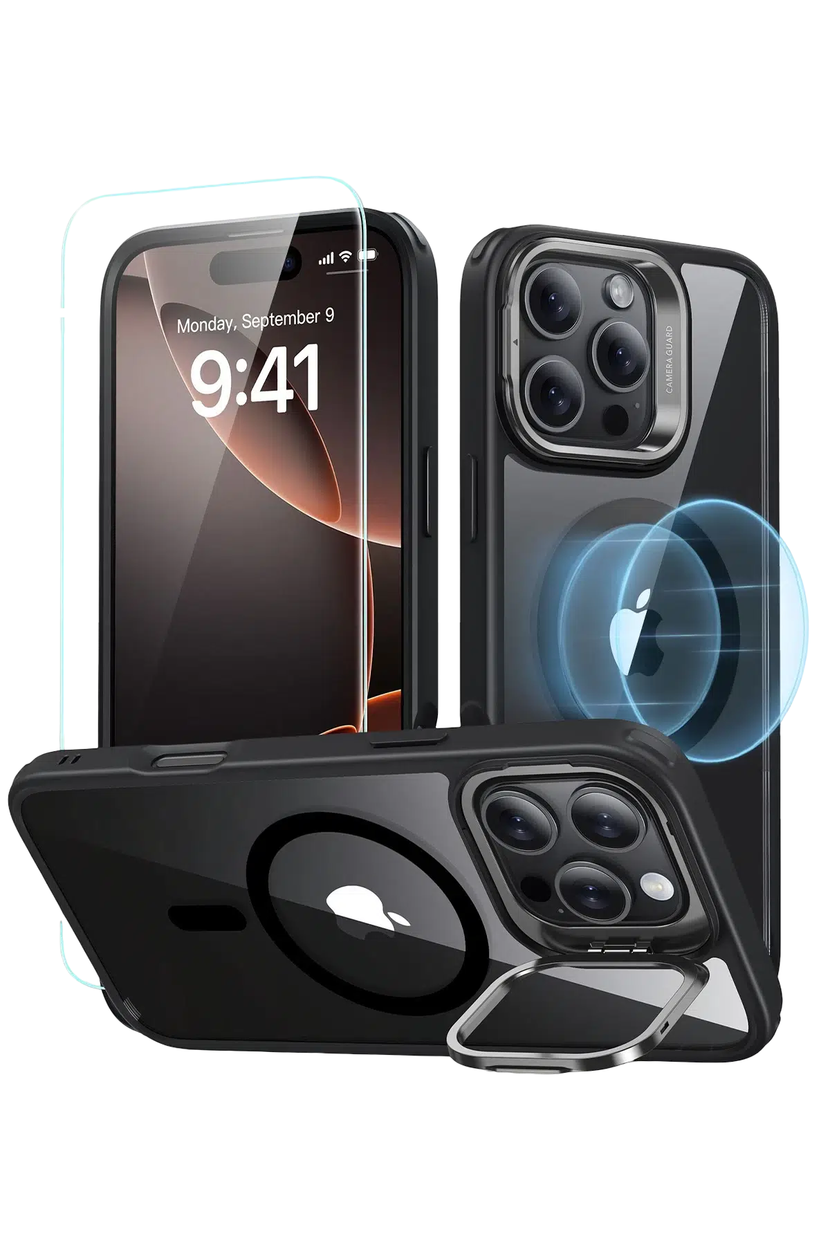 ESR Apple iPhone 16 Pro Max Classic Hybrid Magsafe Standlı Kapak + Cam Hediyeli Set - Siyah