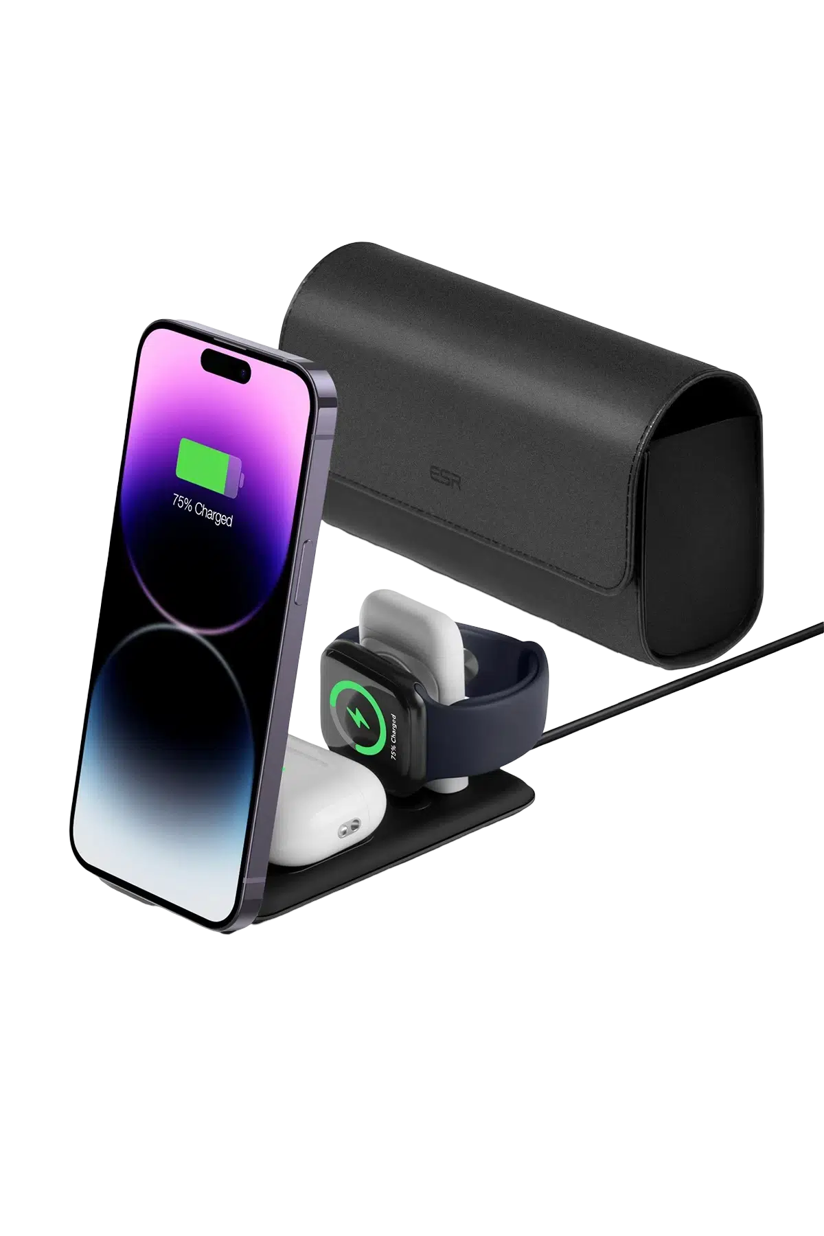 ESR HaloLock 3in1 20W PD Type-C Çıkışlı ve Saat ile Airpods İçin Kablosuz Şarj Destekli Şarj Seti - Siyah