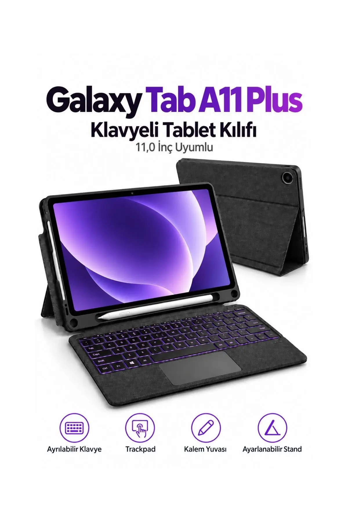 Fuchsia Galaxy Tab A11 Plus SM-X230 SM-X236 11 Uyumlu Klavyeli Tablet Kılıfı Trackpad 7 Renk Aydınlatmalı