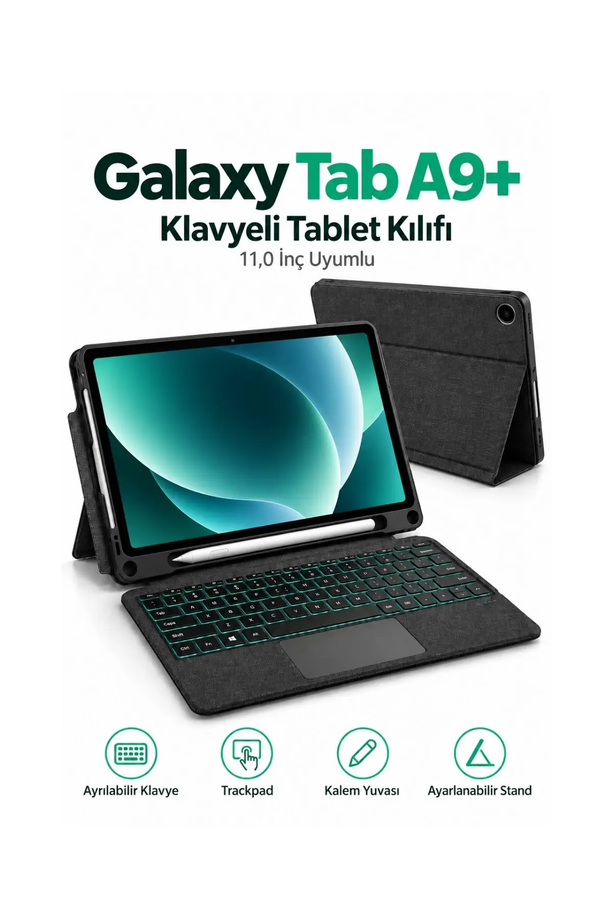 Fuchsia Galaxy Tab A9 Plus SM-X210 SM-X216 11 Uyumlu Klavyeli Tablet Kılıfı Trackpad 7 Renk Aydınlatmalı