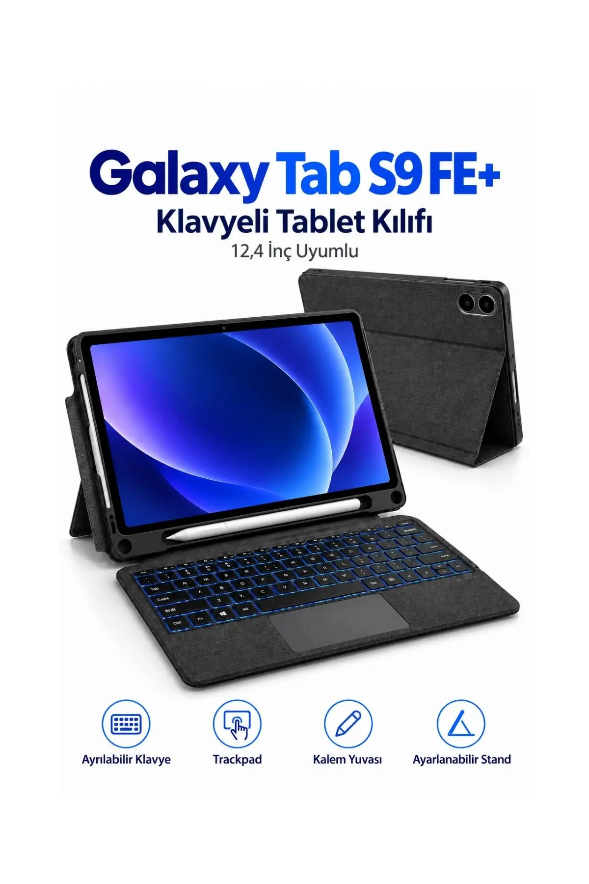 Galaxy Tab S9 FE Plus 12.4 Uyumlu Klavyeli Tablet Kılıfı Trackpadli 7 Renk Aydınlatmalı Ayrılabilir Klavye