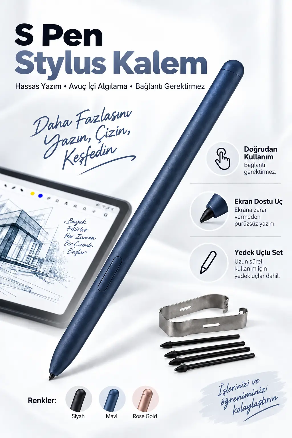 Fuchsia Galaxy Tab S9 FE / S9 FE+ Uyumlu S Pen Stylus Kalem – Basınç Hassasiyeti, Eğim Algılama, Palm Rejection, Şarjsız Kullanım - Mavi