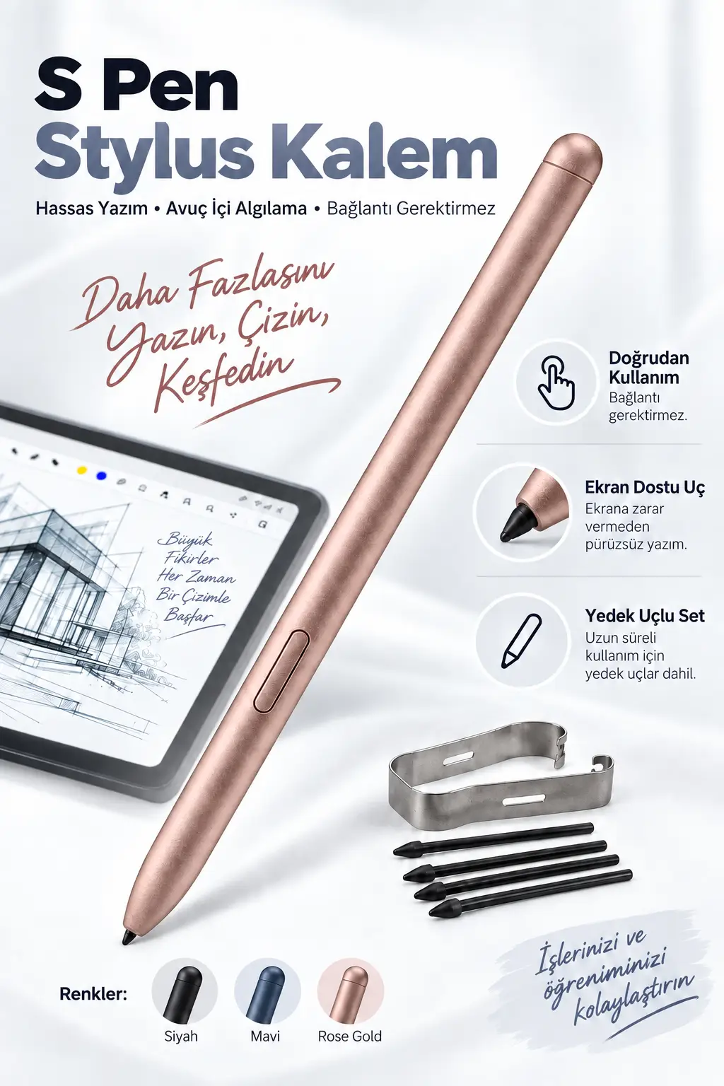 Fuchsia Galaxy Tab S9 FE / S9 FE+ Uyumlu S Pen Stylus Kalem – Basınç Hassasiyeti, Eğim Algılama, Palm Rejection, Şarjsız Kullanım - Rose Gold