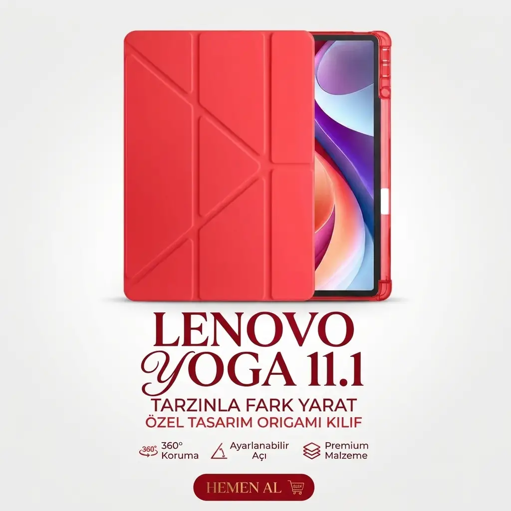 Fuchsia Lenovo Yoga Tab ile Uyumlu 11.1 nç Kalem Bölmeli Standlı Trifolding Tablet Kılıfı - Kırmızı