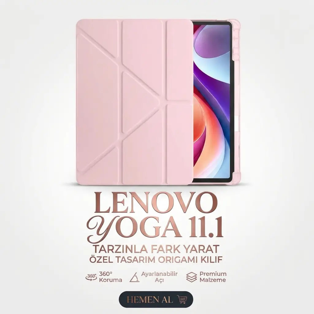 Fuchsia Lenovo Yoga Tab ile Uyumlu 11.1 nç Kalem Bölmeli Standlı Trifolding Tablet Kılıfı - Rose Gold