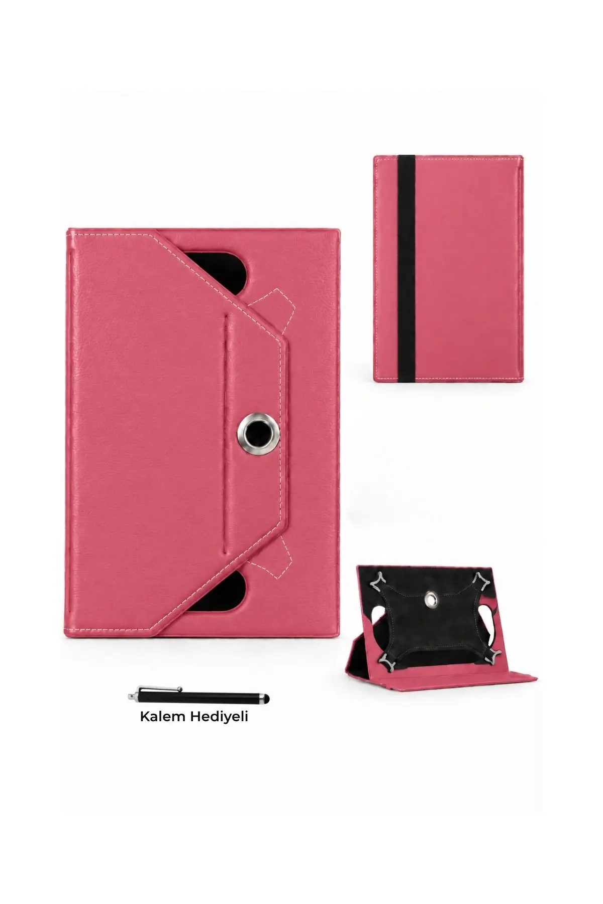 Fuchsia Universal 10 İnç Tablet Kılıfı 9 10 11 İnç Uyumlu 360 Derece Döner PU Deri Standlı Kılıf - Pembe