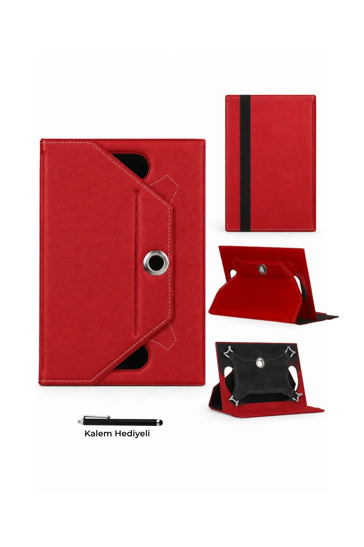 Fuchsia Universal 10 İnç Tablet Kılıfı 9 10 11 İnç Uyumlu 360 Derece Döner PU Deri Standlı Kılıf - Kırmızı