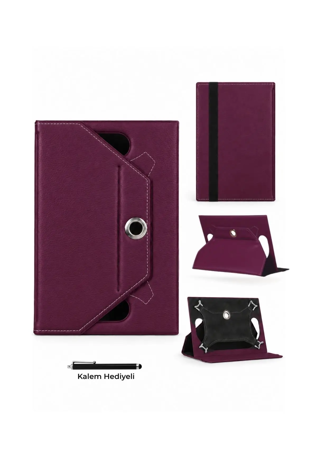 Fuchsia Universal 10 İnç Tablet Kılıfı 9 10 11 İnç Uyumlu 360 Derece Döner PU Deri Standlı Kılıf - Mürdüm