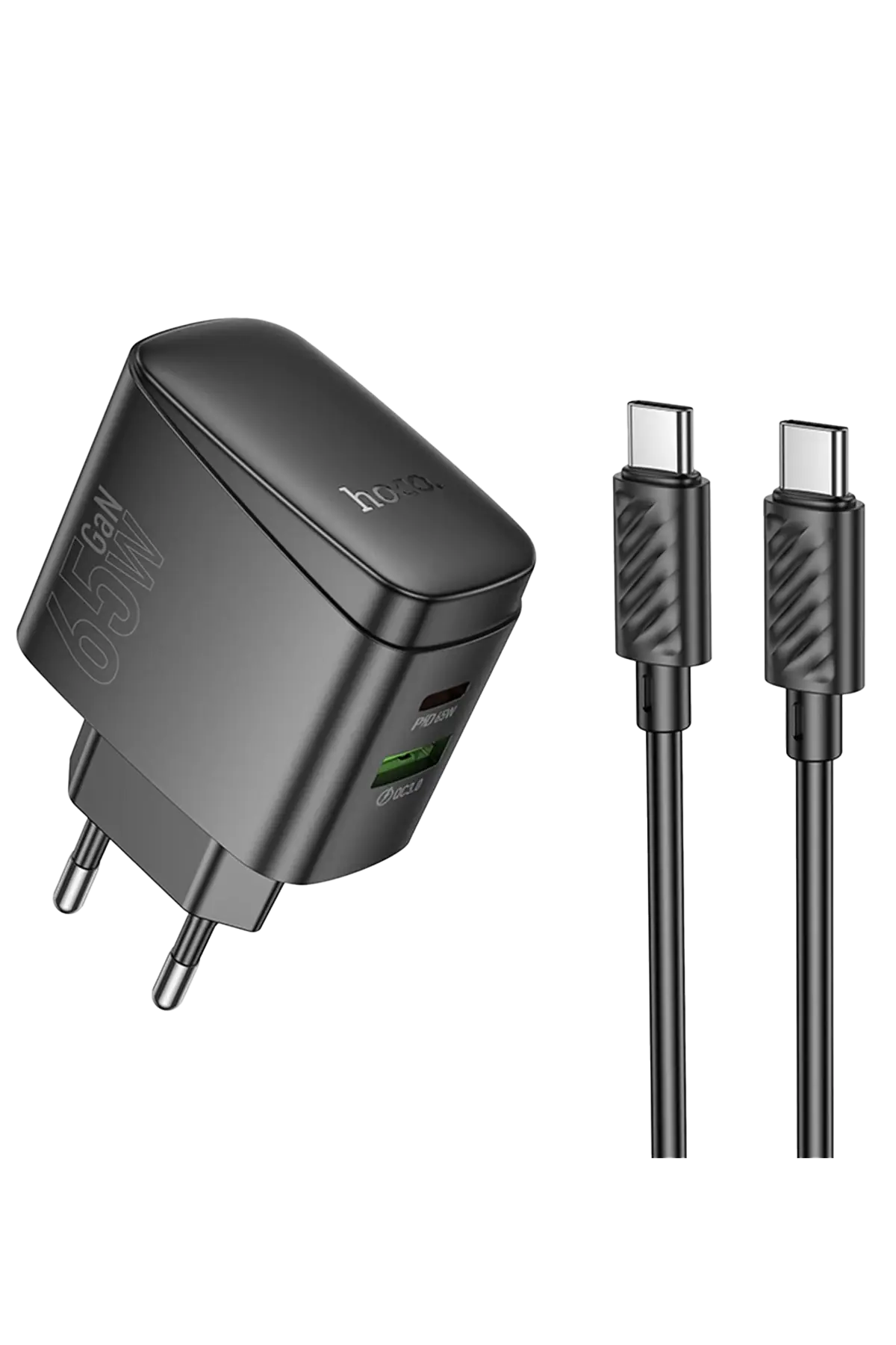 Hoco. CS63A Bright 65W Type-C ve 18W USB QC 3.0 Çıkışlı Ekstra Type-C to Type-C Kablolu PD Hızlı Şarj Aleti - Siyah