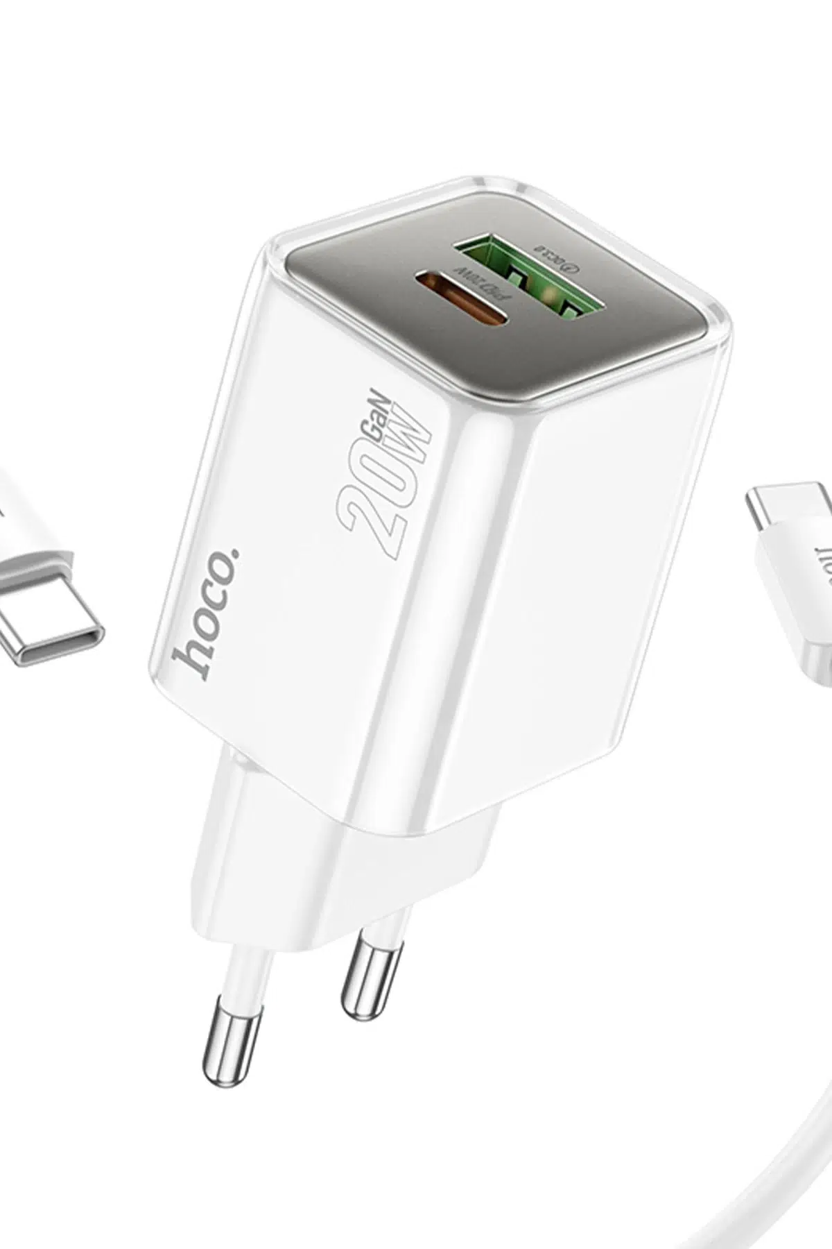 Hoco. N46 Glorious 1 Adet Type-C ve 1 Adet USB Çıkışlı Ekstra Type-C to Type-C Kablolu 20W PD Hızlı Şarj Aleti - Beyaz