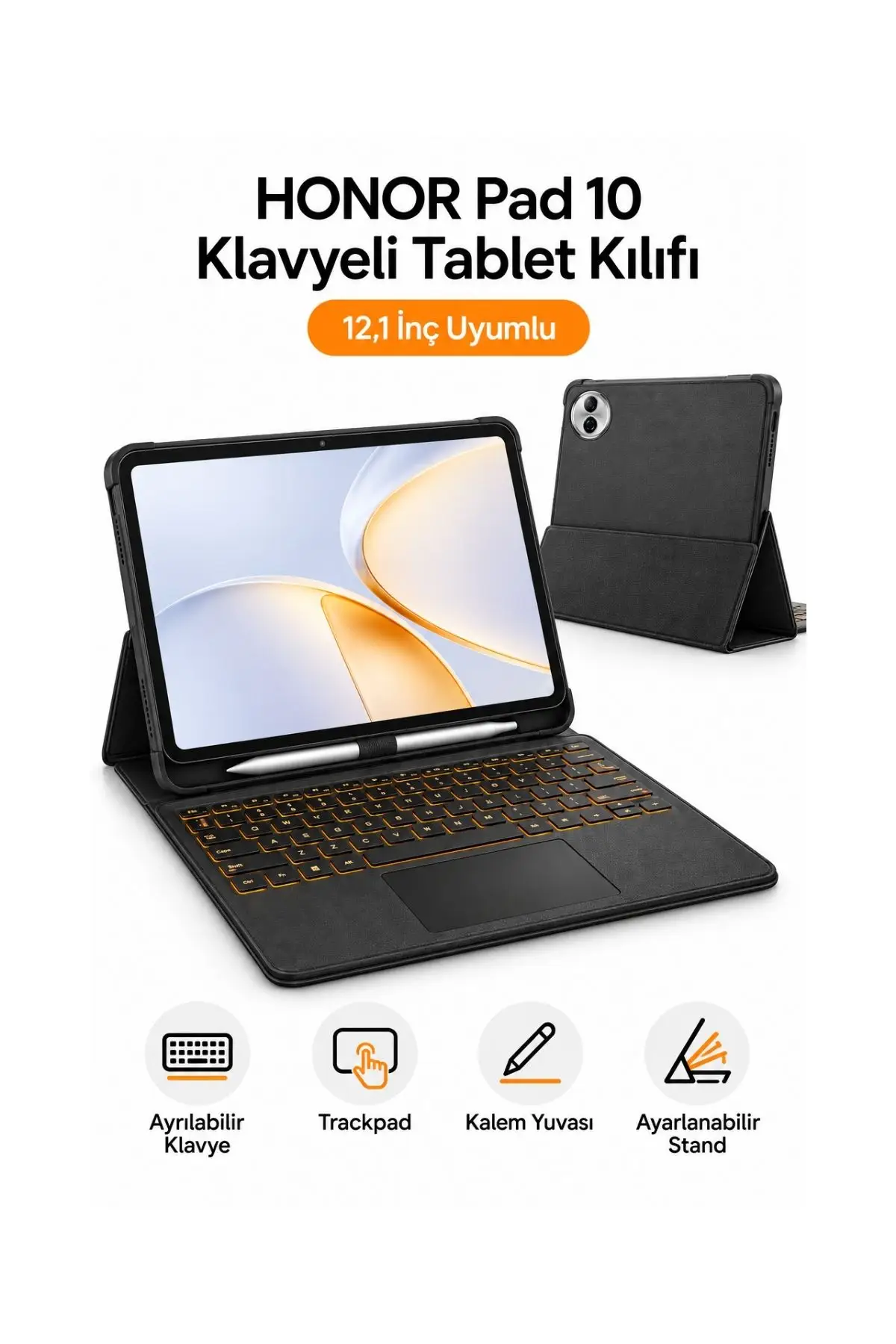 Honor Pad 10 HEY3-W00 12.1 Uyumlu Klavyeli Tablet Kılıfı Trackpad 7 Renk Aydınlatmalı Ayrılabilir Klavye