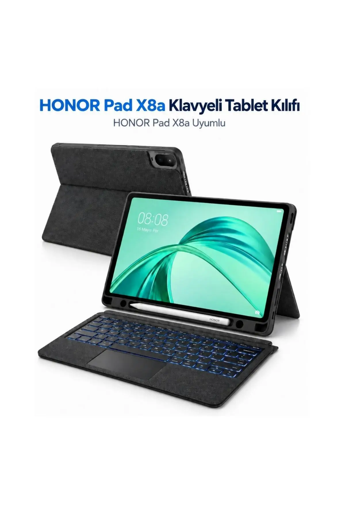 Honor Pad X8a NDL2-L09 Uyumlu Klavyeli Tablet Kılıfı Trackpad 7 Renk Aydınlatmalı Ayrılabilir Klavye