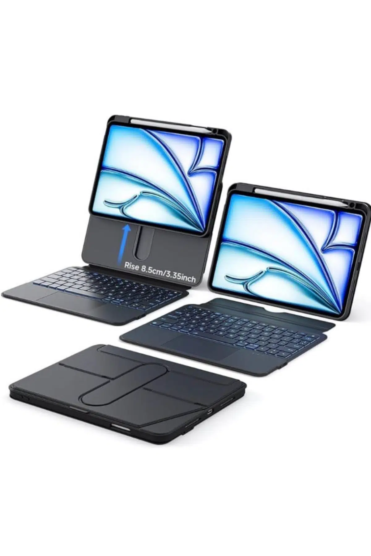 iPad 10.9" 10. Nesil ile Uyumlu 360 Dönebilen Standlı Işıklı RiSSer Türkçe Q Klavyeli Tablet Kılıfı - Siyah