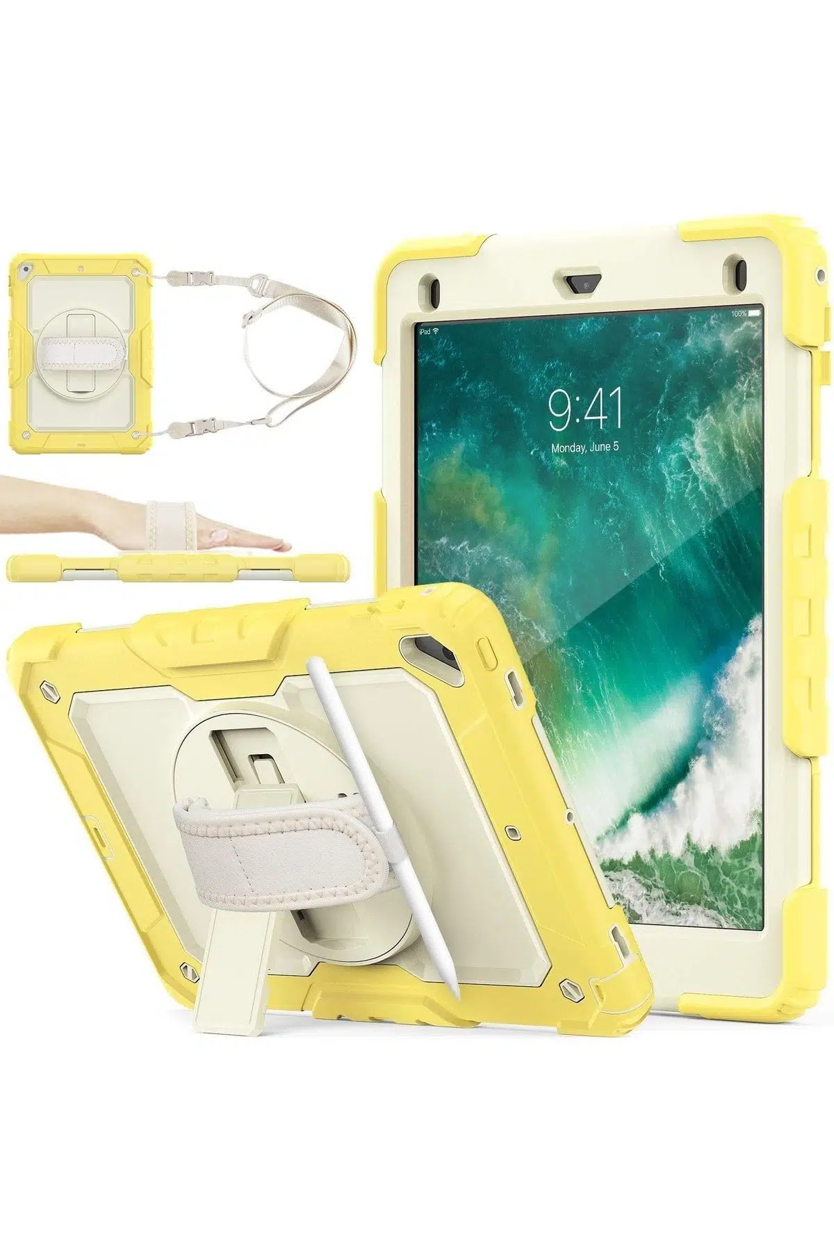 Fuchsia iPad 2017/2018 9.7" ile Uyumlu Strap,Kalemlikli,Ekran Korumalı Tablet Kılıfı Darbeyi Savar Askılı 360° Kılıf - Sarı