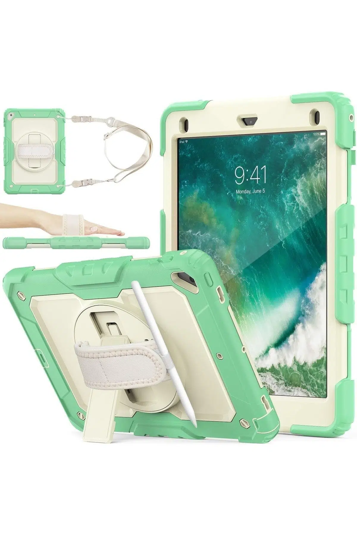 Fuchsia iPad 2017/2018 9.7" ile Uyumlu Strap,Kalemlikli,Ekran Korumalı Tablet Kılıfı Darbeyi Savar Askılı 360° Kılıf - Yeşil