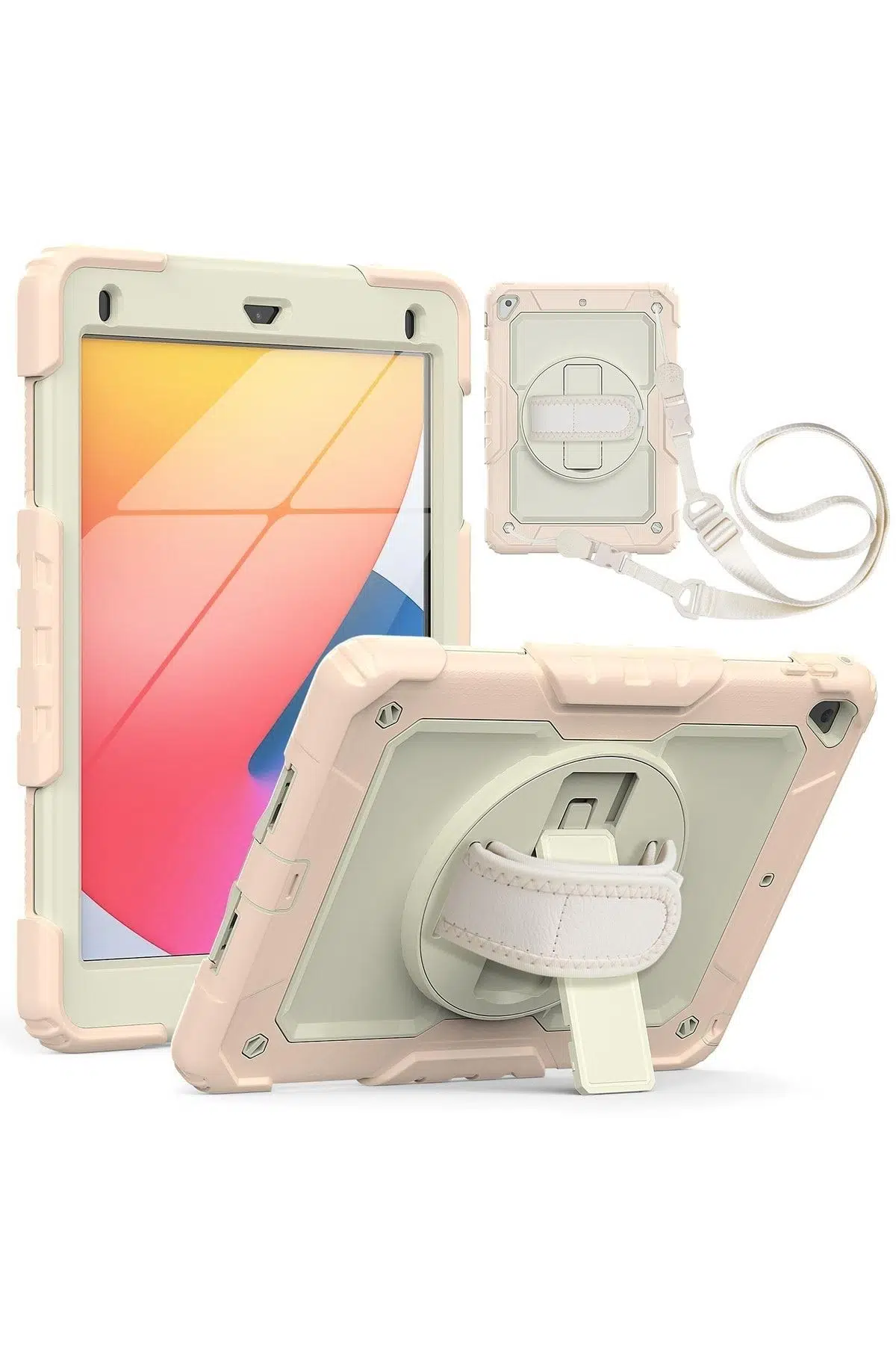 Fuchsia iPad 2017/2018 9.7" ile Uyumlu Strap,Kalemlikli,Ekran Korumalı Tablet Kılıfı Darbeyi Savar Askılı 360° Kılıf - Pembe