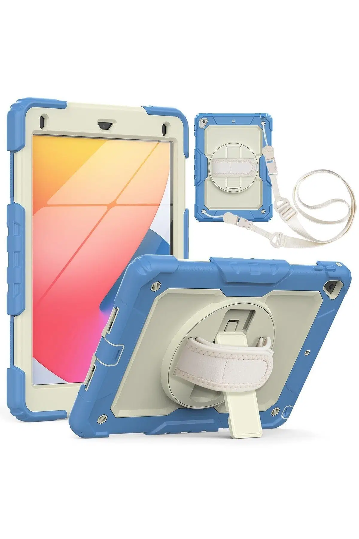 Fuchsia iPad 2017/2018 9.7" ile Uyumlu Strap,Kalemlikli,Ekran Korumalı Tablet Kılıfı Darbeyi Savar Askılı 360° Kılıf - Mavi