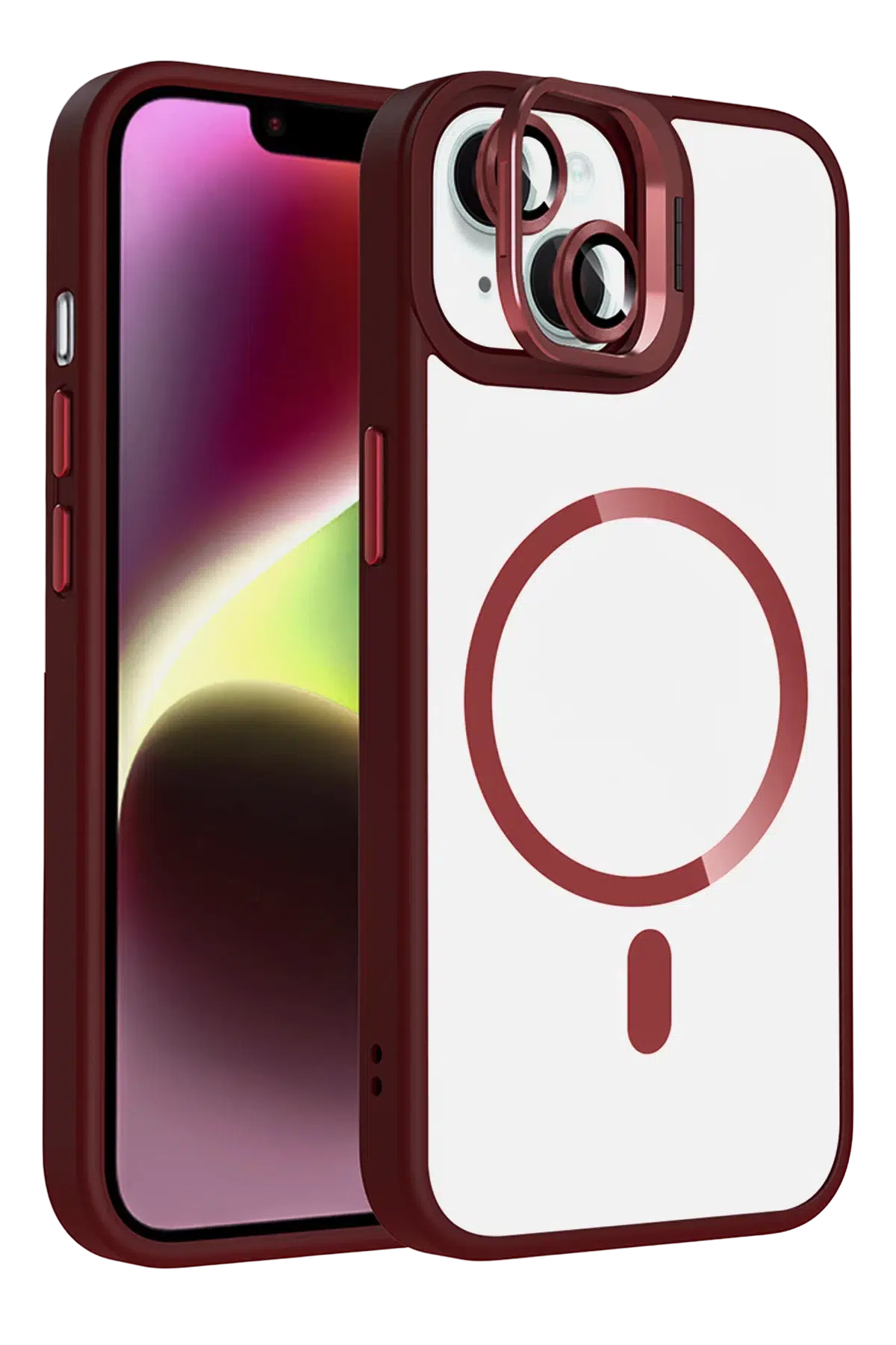 Apple iPhone 13 Remim Lensli Magsafe Standlı Kapak - Bordo
