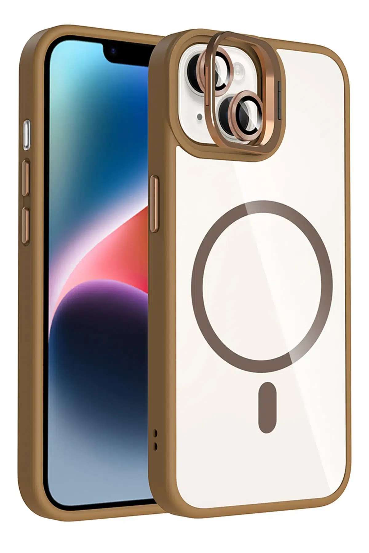Apple iPhone 13 Remim Lensli Magsafe Standlı Kapak - Kahverengi