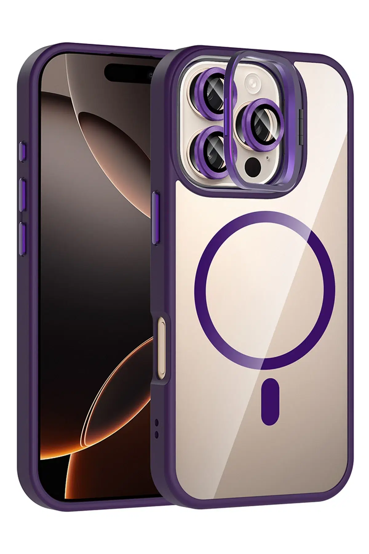 Apple iPhone 16 Pro Max Remim Lensli Magsafe Standlı Kapak - Derin Mor