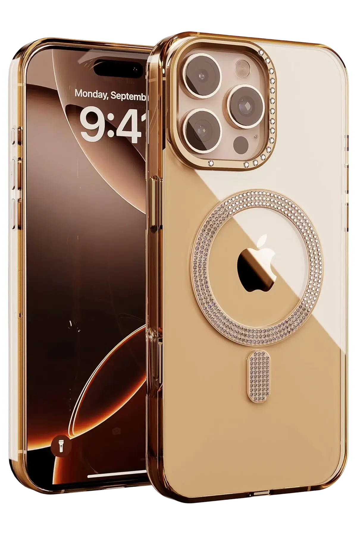 Fuchsia iPhone 16 Pro Max ile Uyumlu Tash Diamond Kablosuz Şarj Özellikli Kapak - Gold