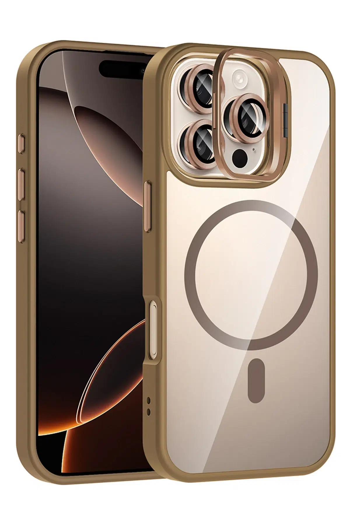 Apple iPhone 16 Pro Remim Lensli Magsafe Standlı Kapak - Kahverengi