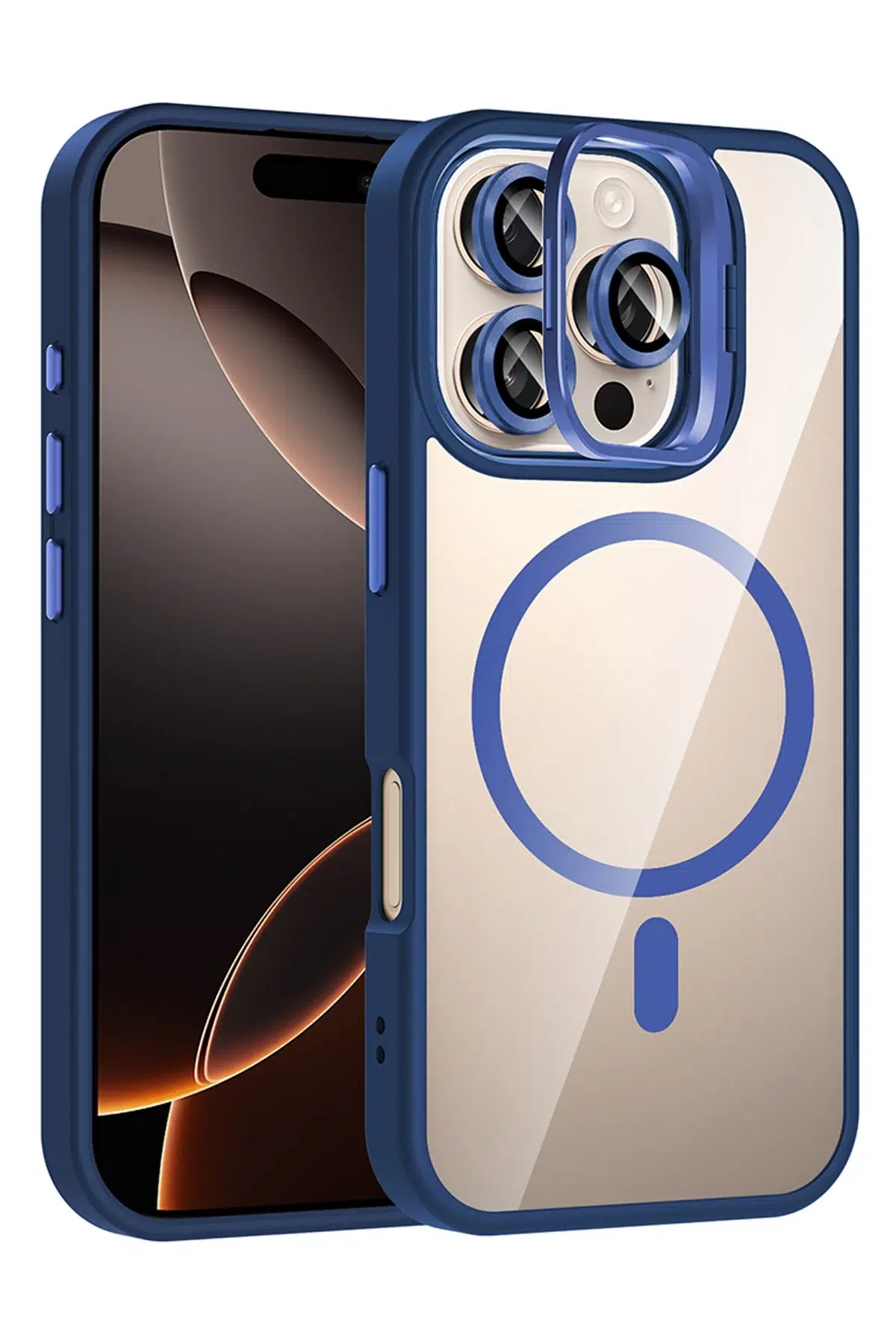 Apple iPhone 16 Pro Remim Lensli Magsafe Standlı Kapak - Lacivert