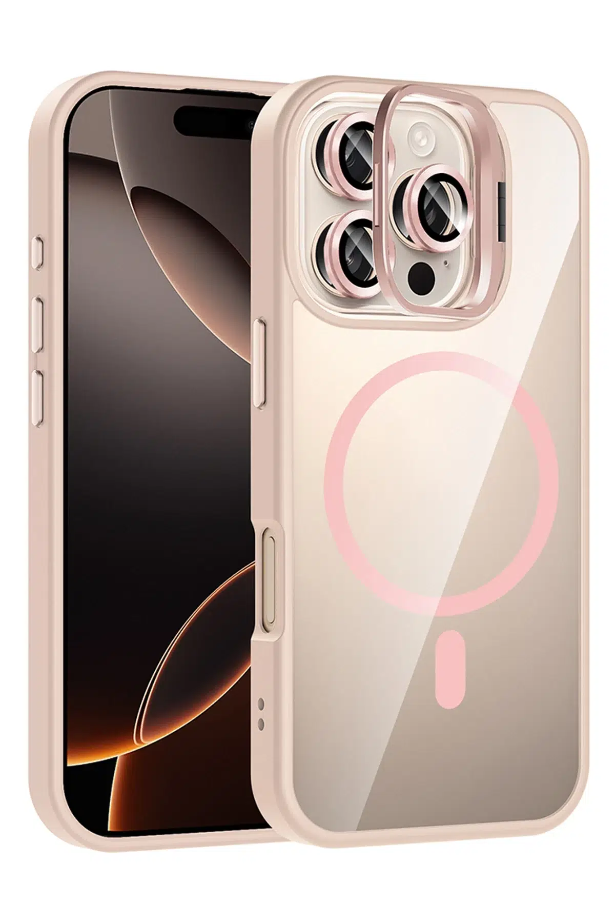 Apple iPhone 16 Pro Remim Lensli Magsafe Standlı Kapak - Pembe
