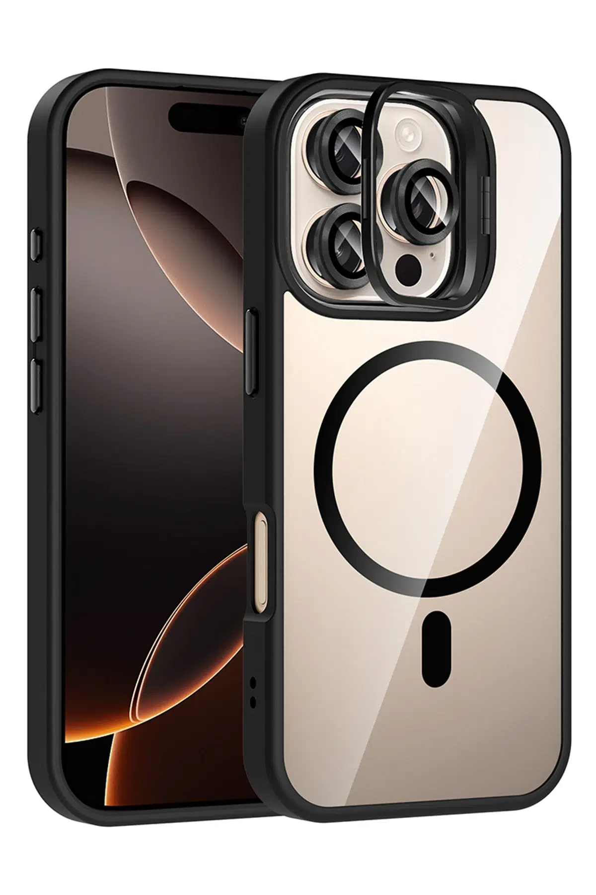 Apple iPhone 16 Pro Remim Lensli Magsafe Standlı Kapak - Siyah