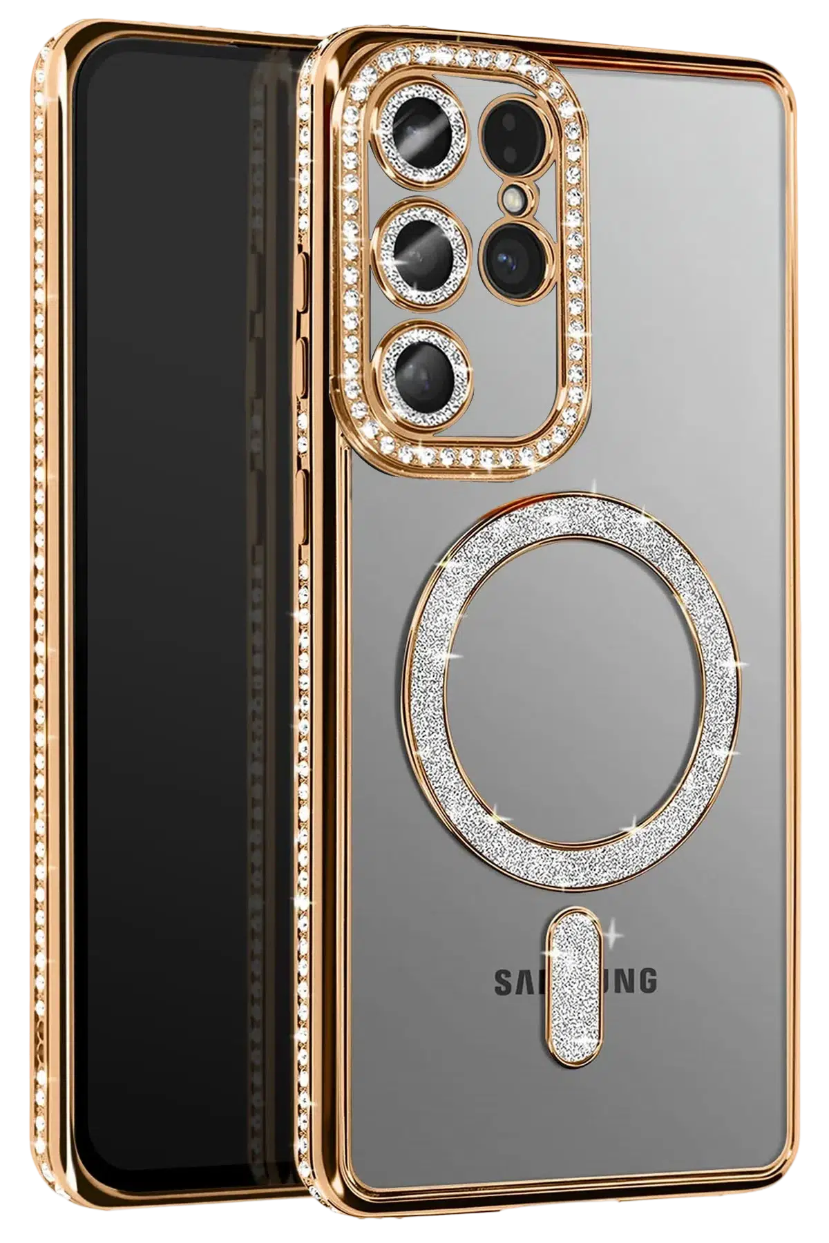 Fuchsia Samsung Galaxy S26 Ultra ile Uyumlu Joke Simli Magneticsafe Kılıf - Gold