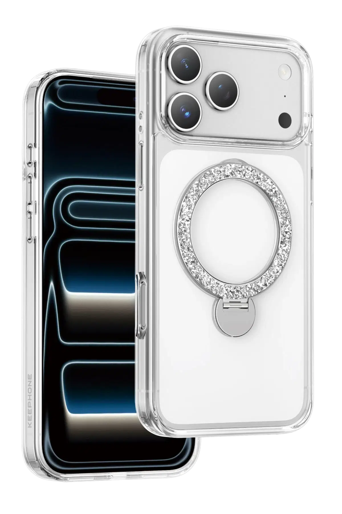 Keephone Apple iPhone 17 Pro Crystal Taşlı 360 Magsafe Standlı Kapak - Şeffaf