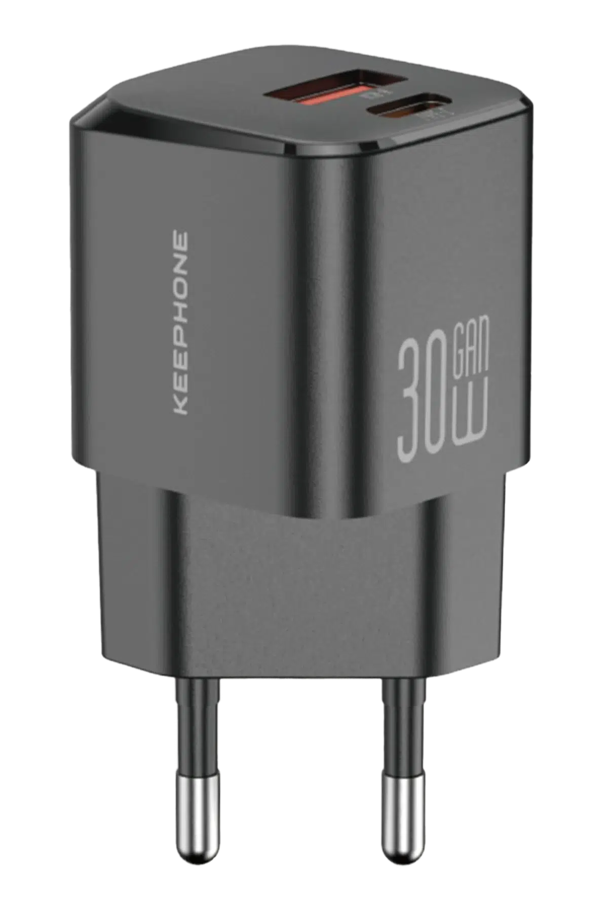 Keephone GaN Wall CH23091 30W 1 Adet Type-C ve 1 Adet USB Çıkışlı GaN Şarj Cihazı - Siyah