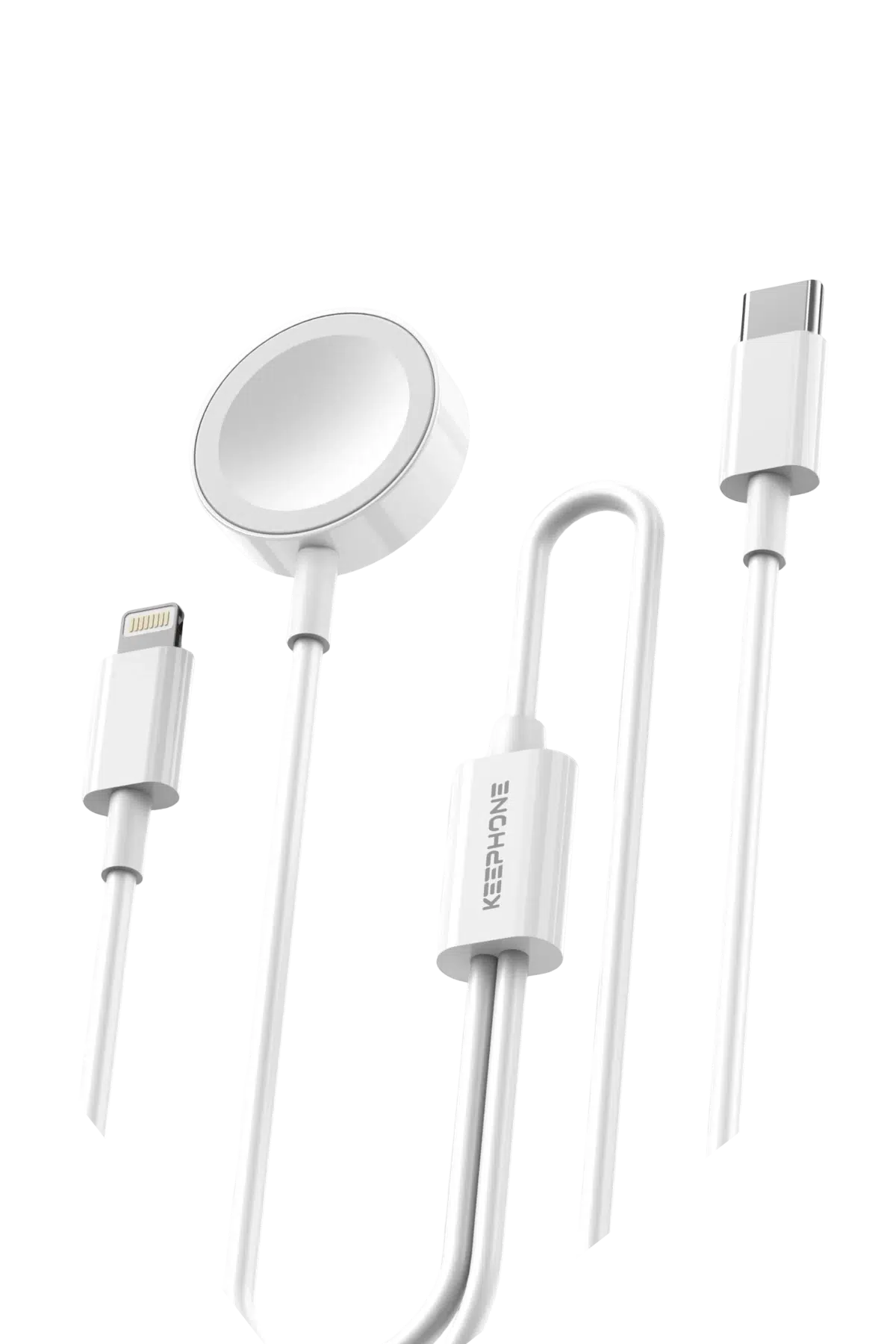 Keephone IC-013 Type-C to Lightning ve Kablosuz Saat Şarj Çıkışlı 2in1 Hızlı Şarj Kablosu - Beyaz