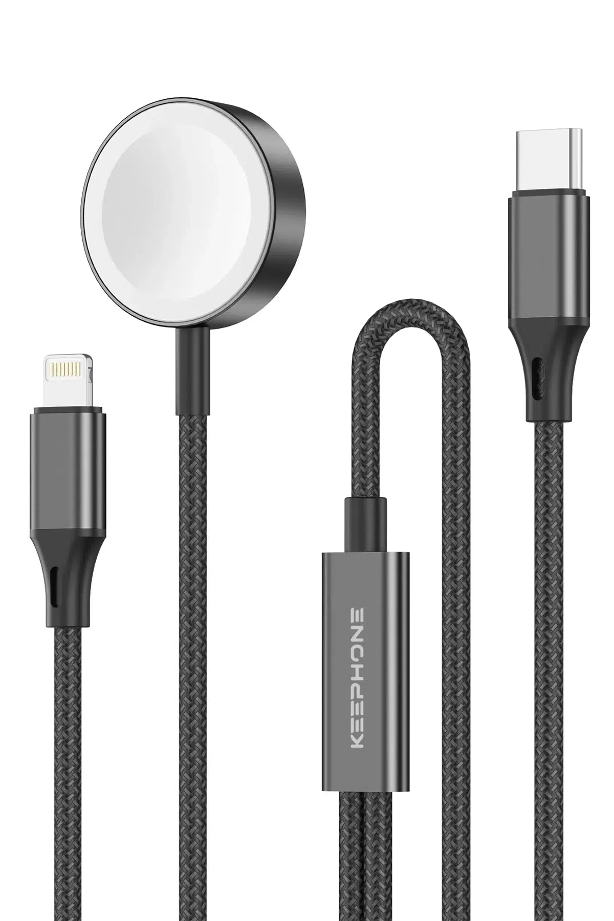 Keephone IC-014 Type-C to Lightning ve Kablosuz Saat Şarj Çıkışlı 2in1 Örgü Hızlı Şarj Kablosu - Siyah