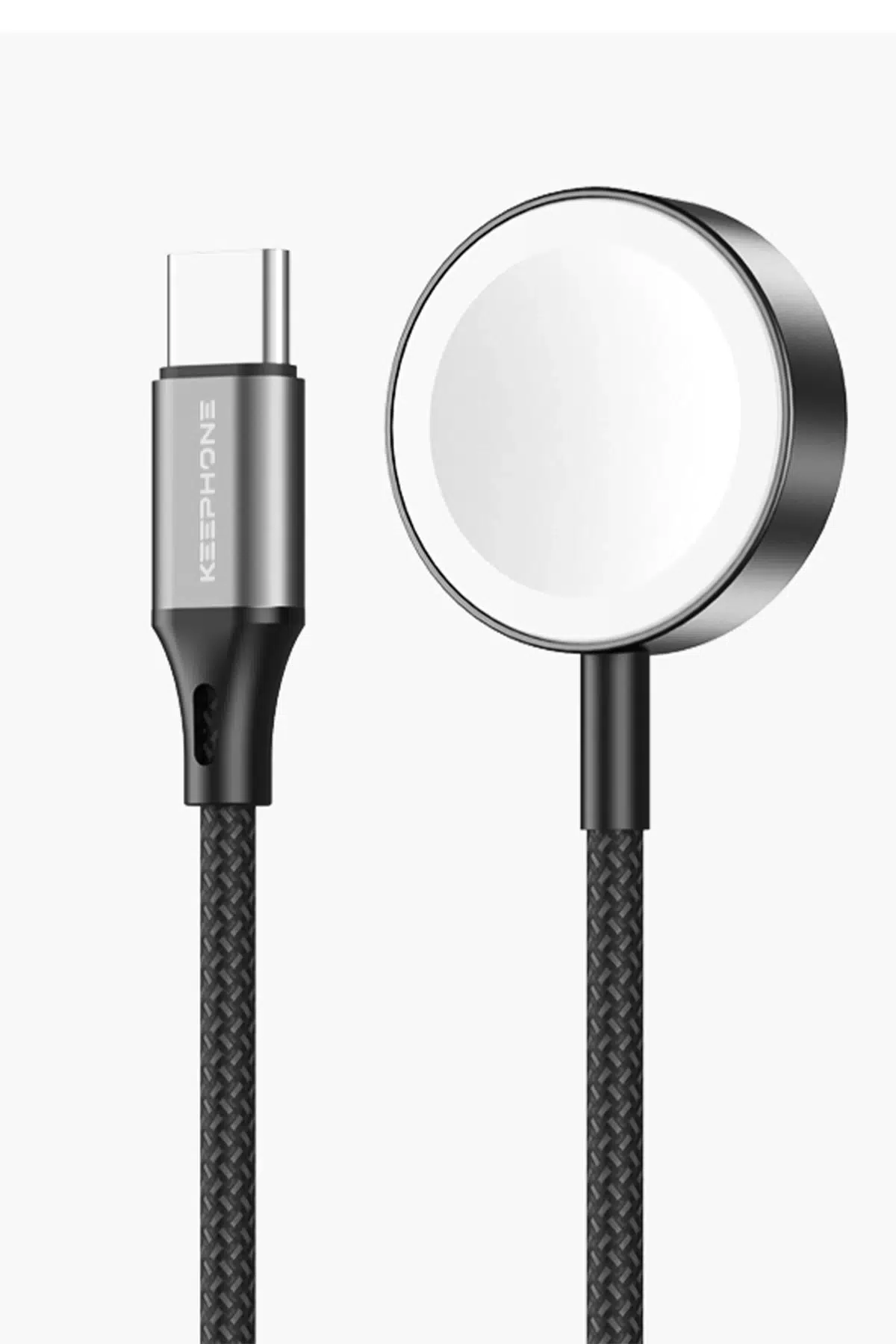 Keephone IC-016 Type-C to Kablosuz Saat Şarj Çıkışlı Örgü Hızlı Şarj Kablosu - Siyah